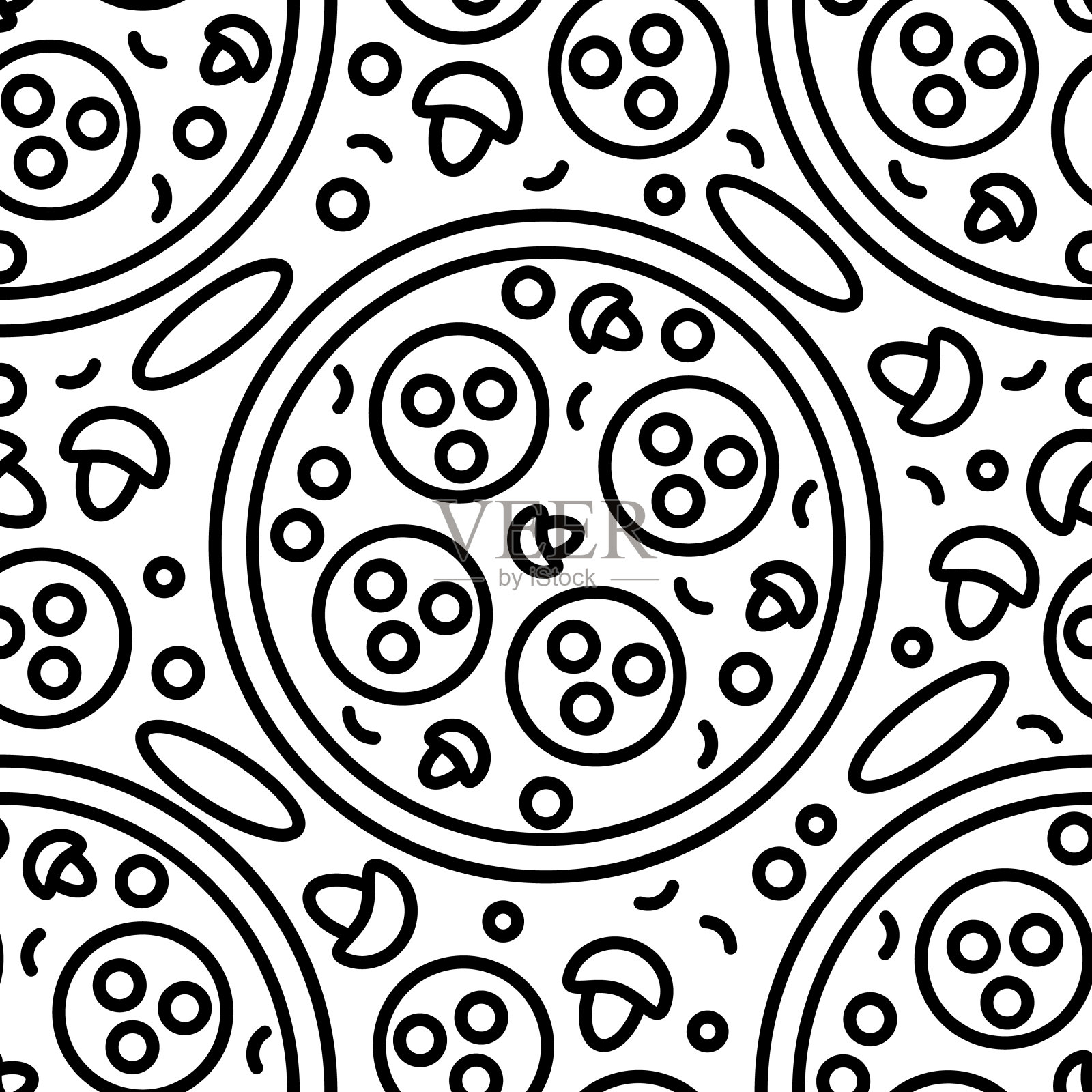 披萨的背景。线披萨无缝图案上的白色背景。快餐封面。插画图片素材