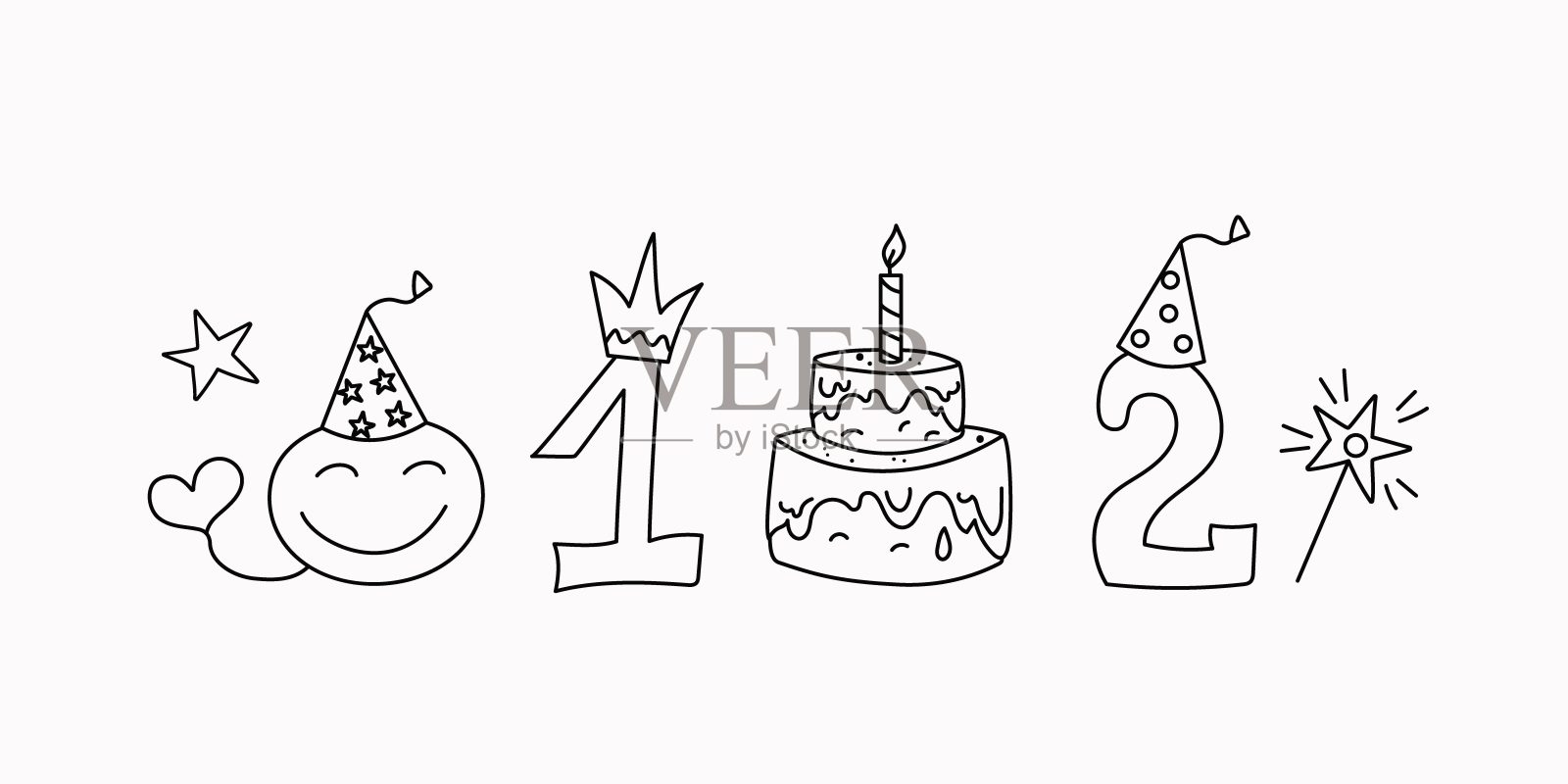 的生日。甜食，蛋糕，蜡烛，帽子，皇冠，数字。1号，2号。一套可爱的图标，卡通生日属性。儿童派对，魔法涂鸦，星星画，爱心。矢量插图，草图。行图标。插画图片素材