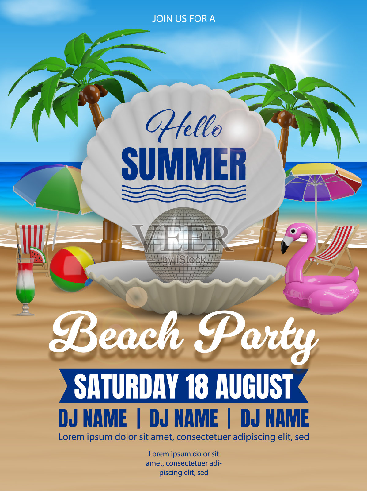 你好，夏季派对海报与开放的壳与迪斯科球在热带海滩景观。海滩派对传单插画图片素材