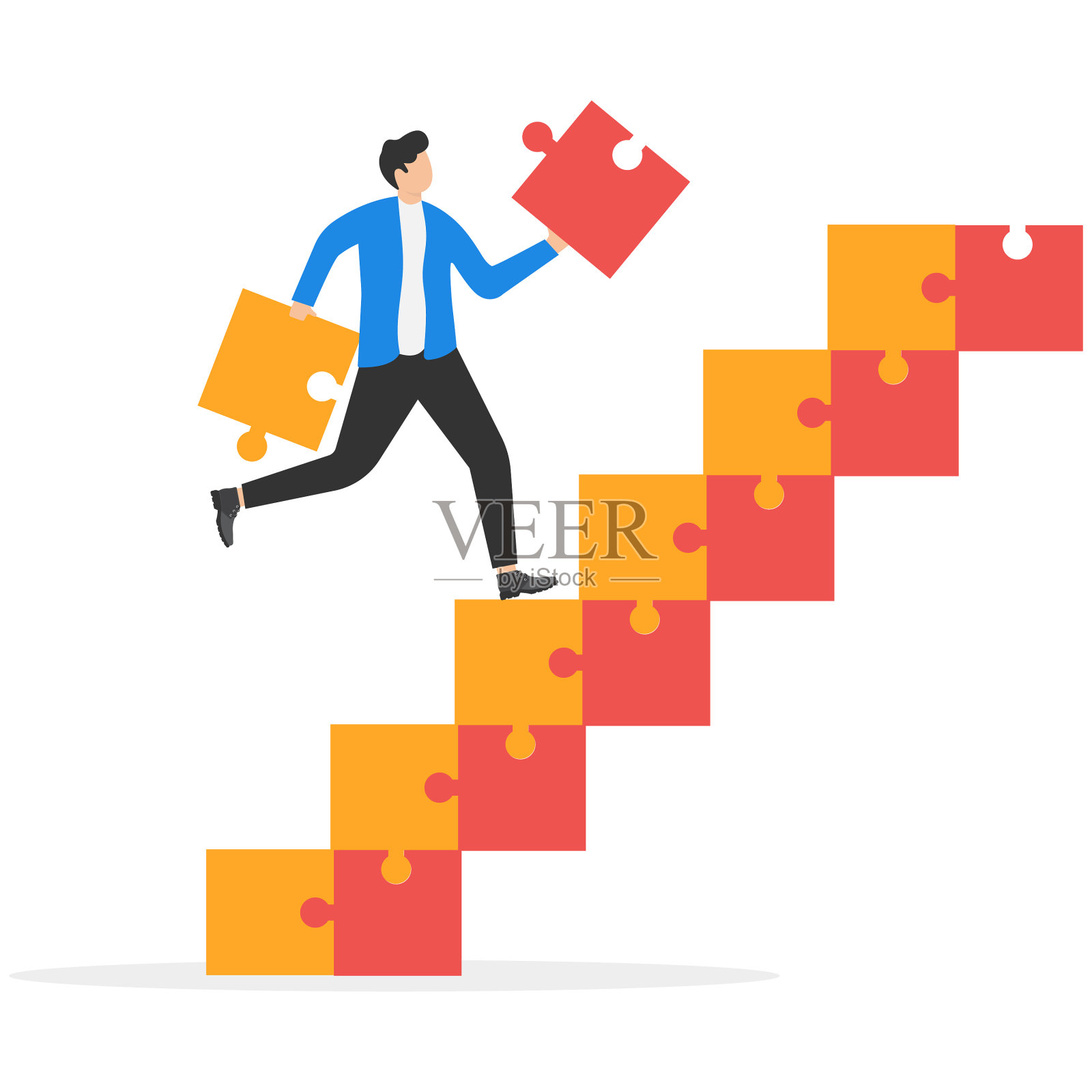 搭建商业成功阶梯，自我发展或职业成长与工作提升，成长或工作晋升概念，商人搭建从拼图到商业成长的阶梯插画图片素材