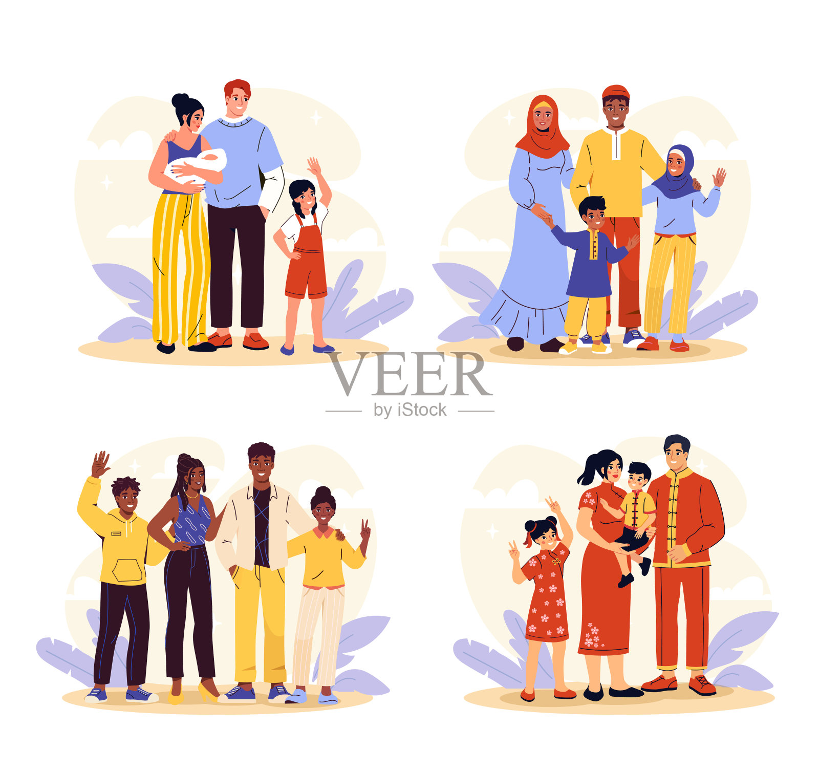 不同国籍家庭向量集插画图片素材