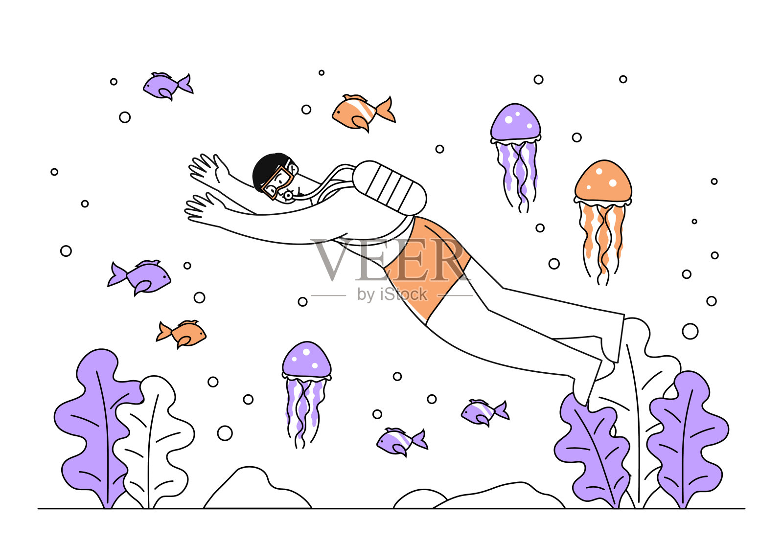 潜水员水下矢量线性插画图片素材