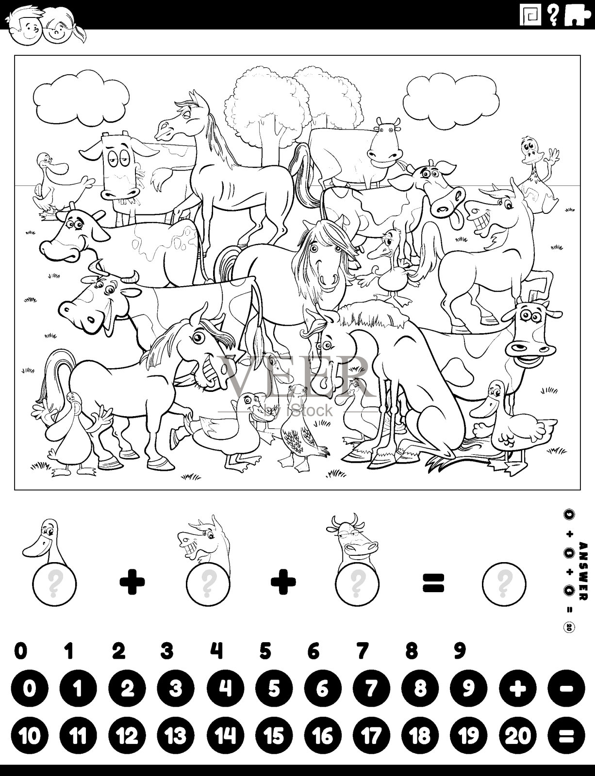 计数和添加活动与农场动物着色页插画图片素材