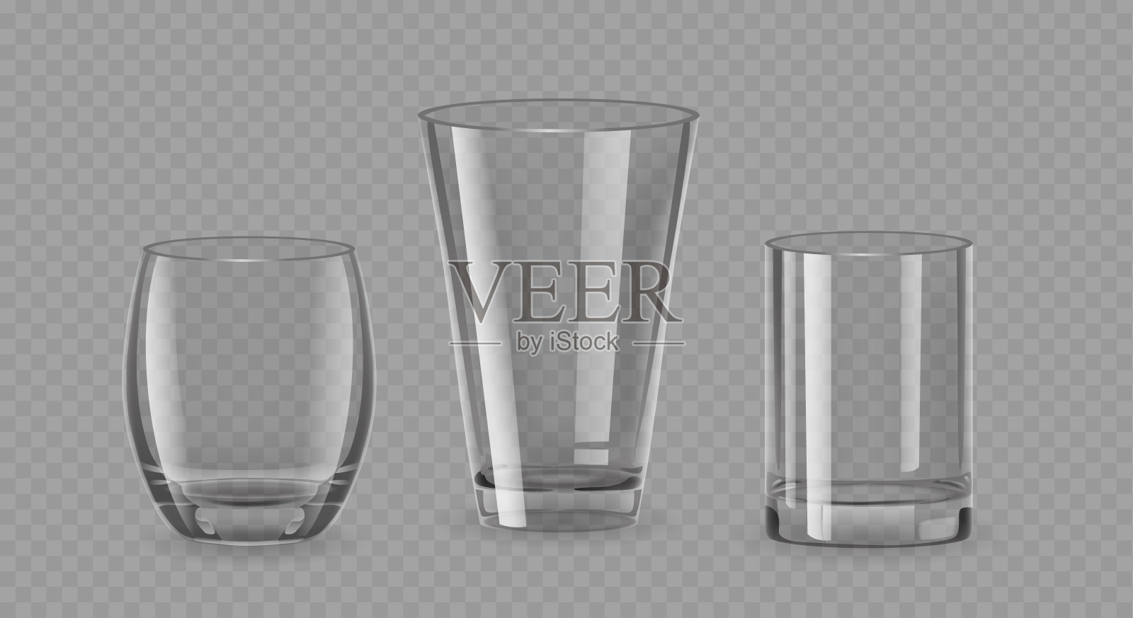 现实的酒杯制成的明确或有色玻璃。圆柱形，圆形和锥形的三维矢量杯插画图片素材