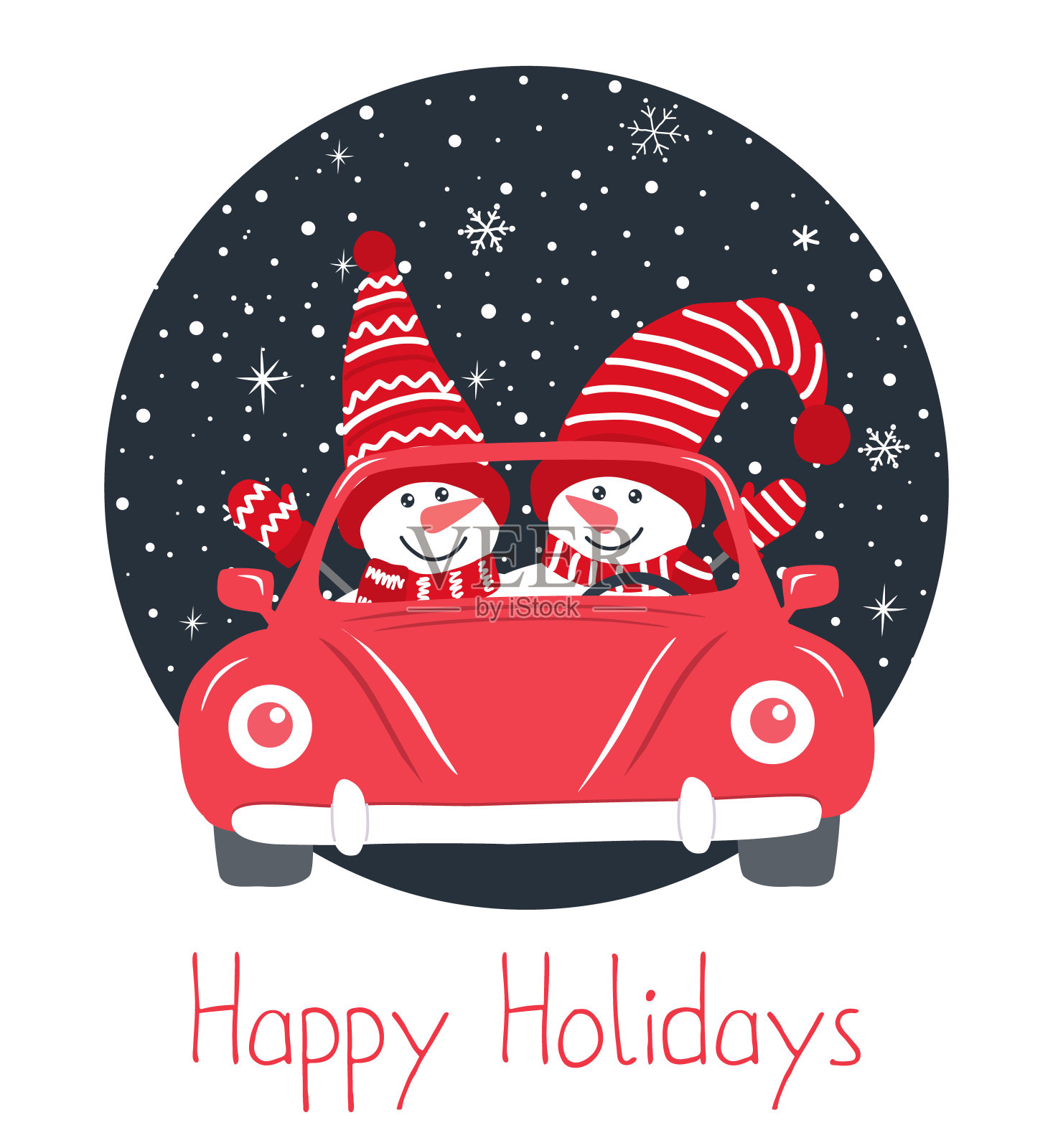 圣诞贺卡模板。可爱的雪人在一辆红色的汽车里插画图片素材