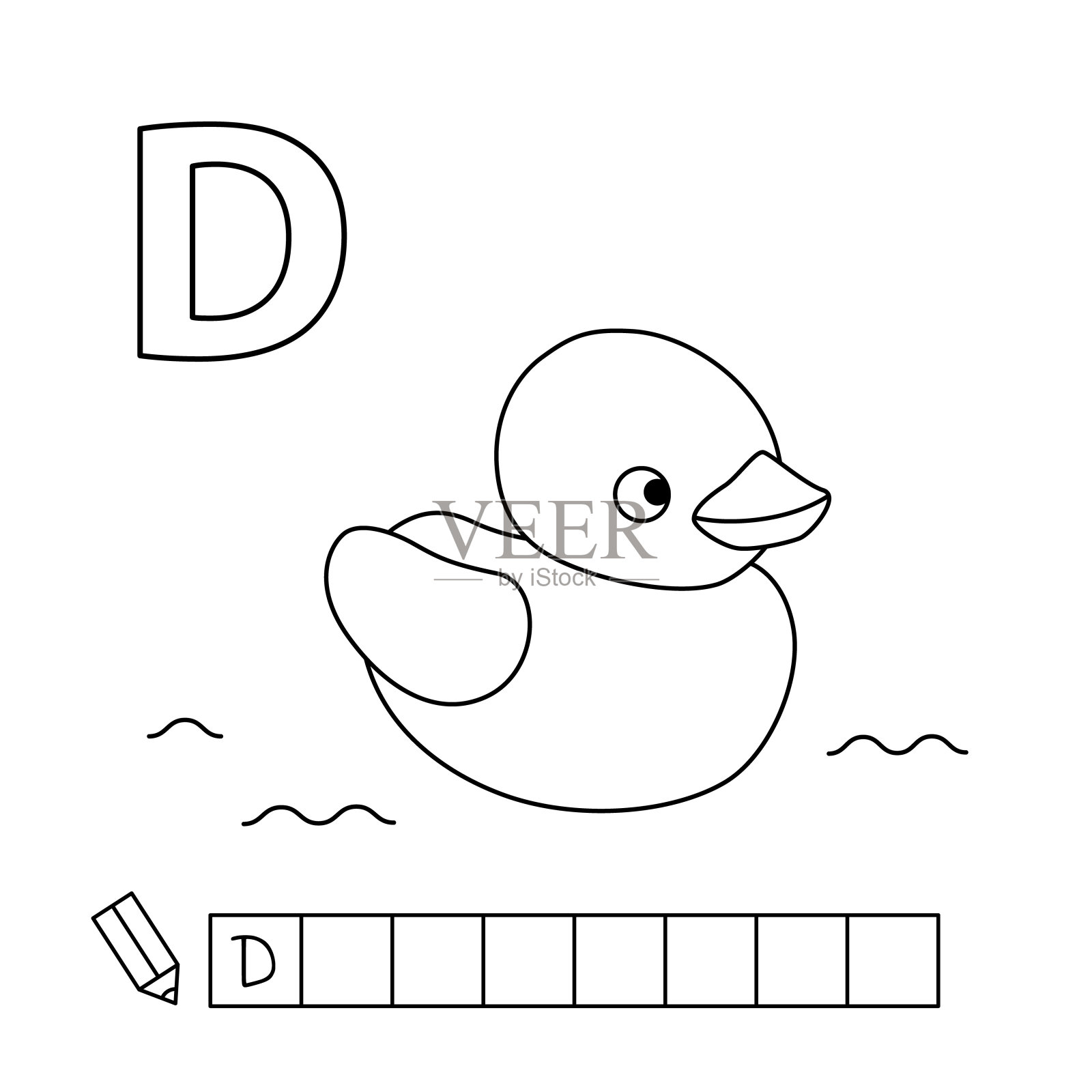 卡通小鸭着色页英语字母表插画图片素材