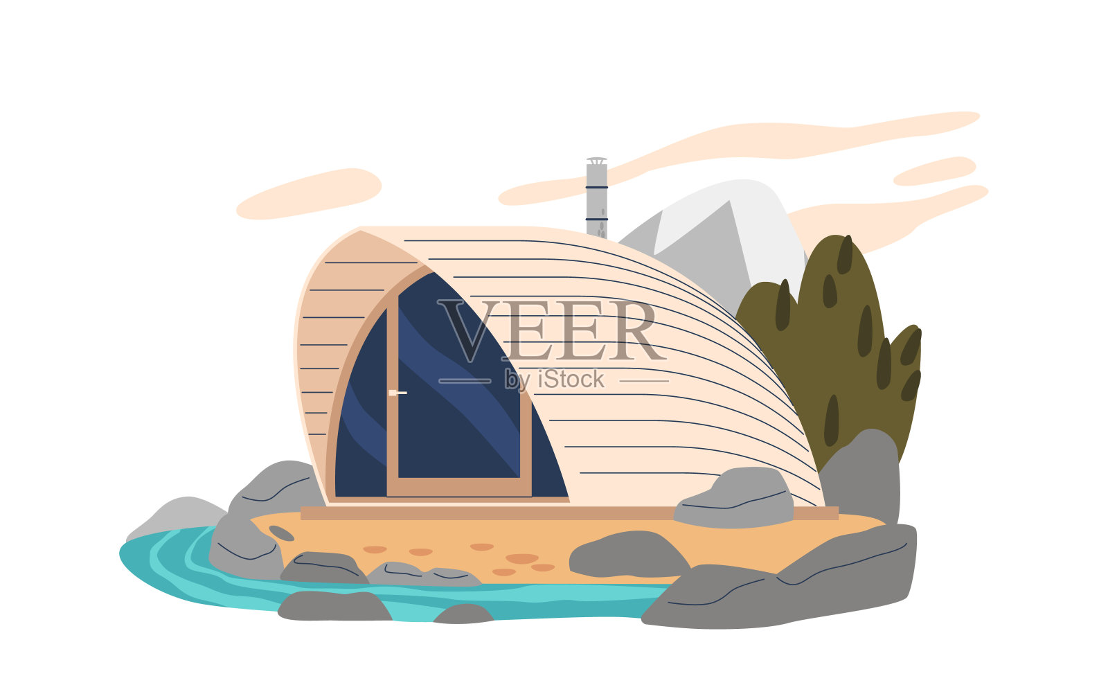 宁静的场景与木桶浴依偎在河边，由森林郁郁葱葱的绿色植物，矢量插图插画图片素材