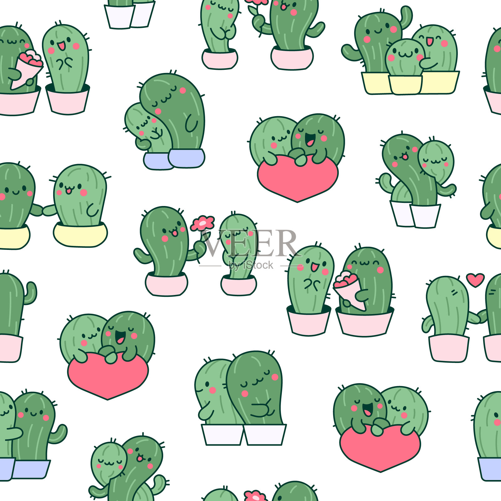卡哇伊仙人掌拥抱。无缝模式。可爱的卡通仙人掌情侣恋爱。花盆里有趣的植物角色。手绘风格。矢量图。设计的饰品。插画图片素材