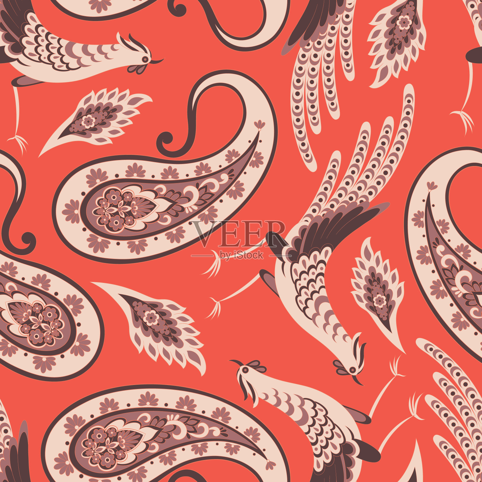 亚洲鸟和花卉佩斯利图案，伟大的矢量设计为任何目的。无缝的背景插画图片素材