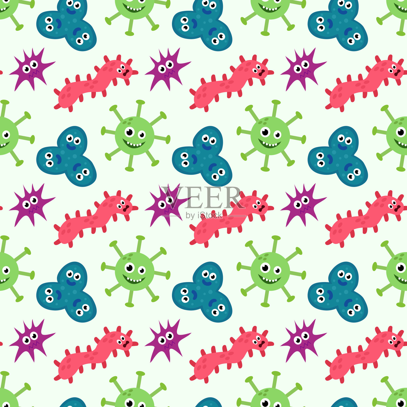 无缝图案与可爱的卡通人物病毒，细菌，微生物。微生物微生物搞笑脸壁纸。表达情感背景的吉祥物。矢量儿童插图在平面设计。插画图片素材