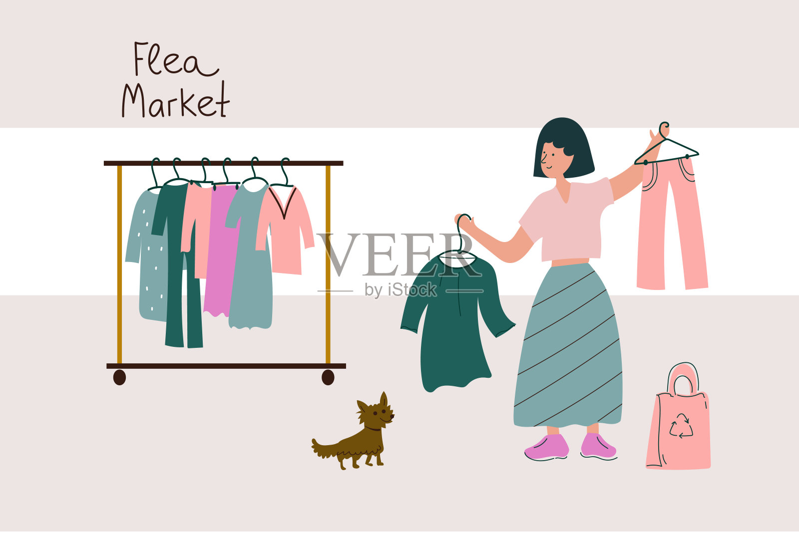 一位年轻女子在跳蚤市场或二手商店买衣服。一个女孩正在大减价时买东西。可持续时尚的概念。插画图片素材