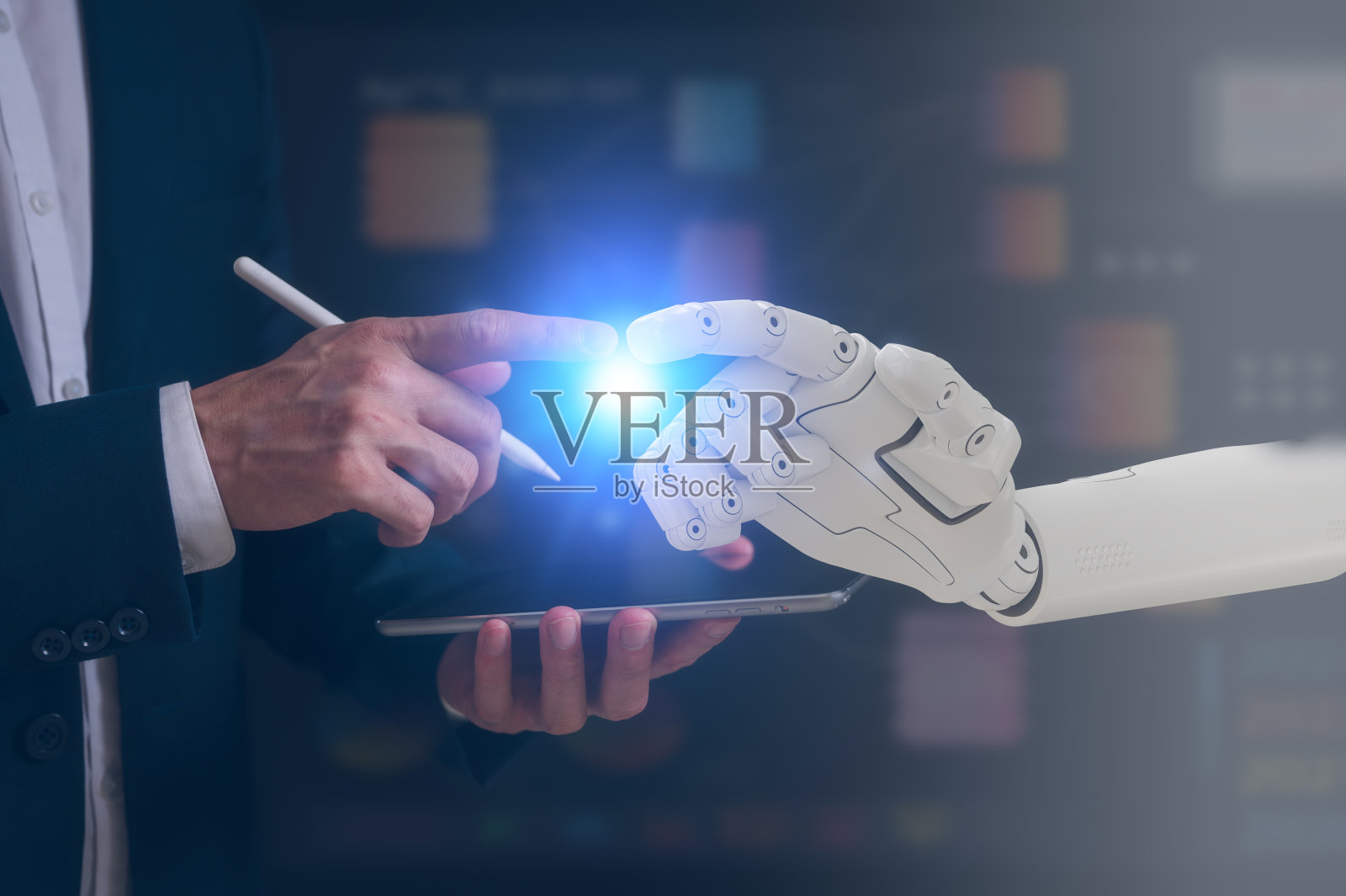 DevOps AI机器学习科学未来的人工智能数字技术，机器人和人类在全球网络连接、互联网和数字技术数据上工作的双手照片摄影图片