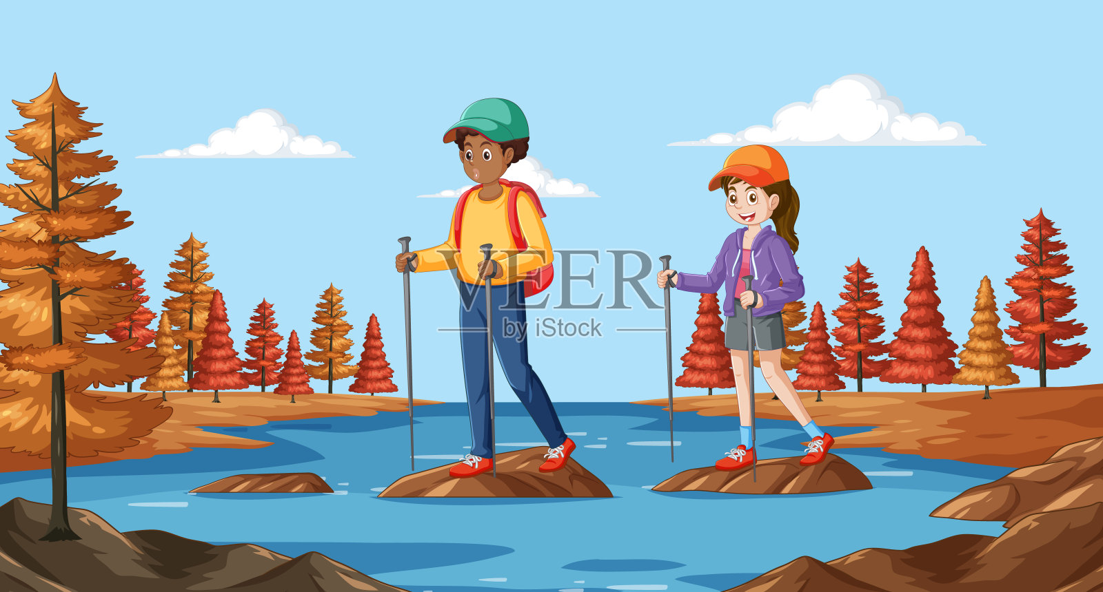 两个徒步旅行者在河边拿着登山杖插画图片素材