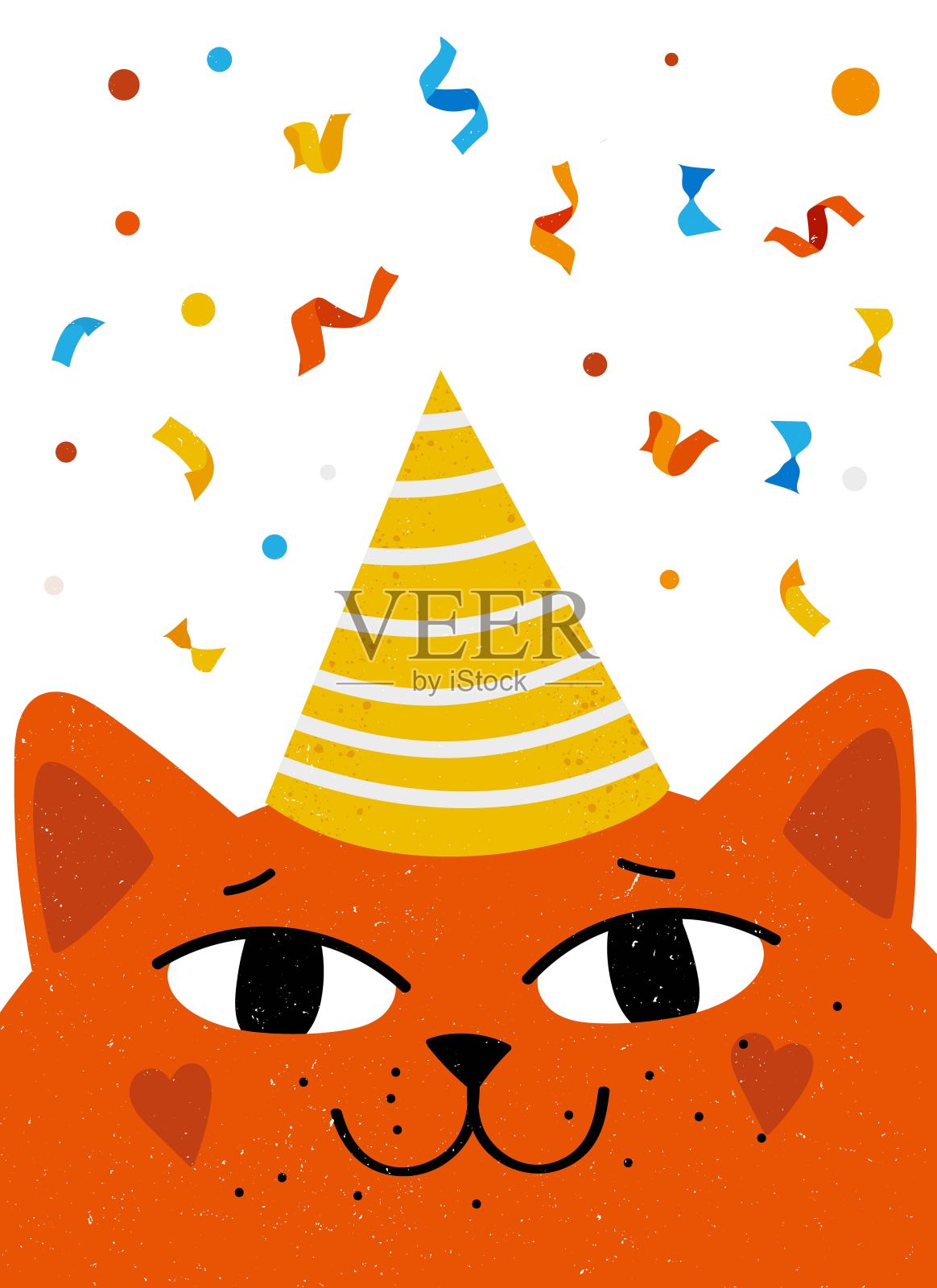 微笑的橙色猫戴着节日派对帽和彩色五彩纸屑庆祝。平面矢量图插画图片素材