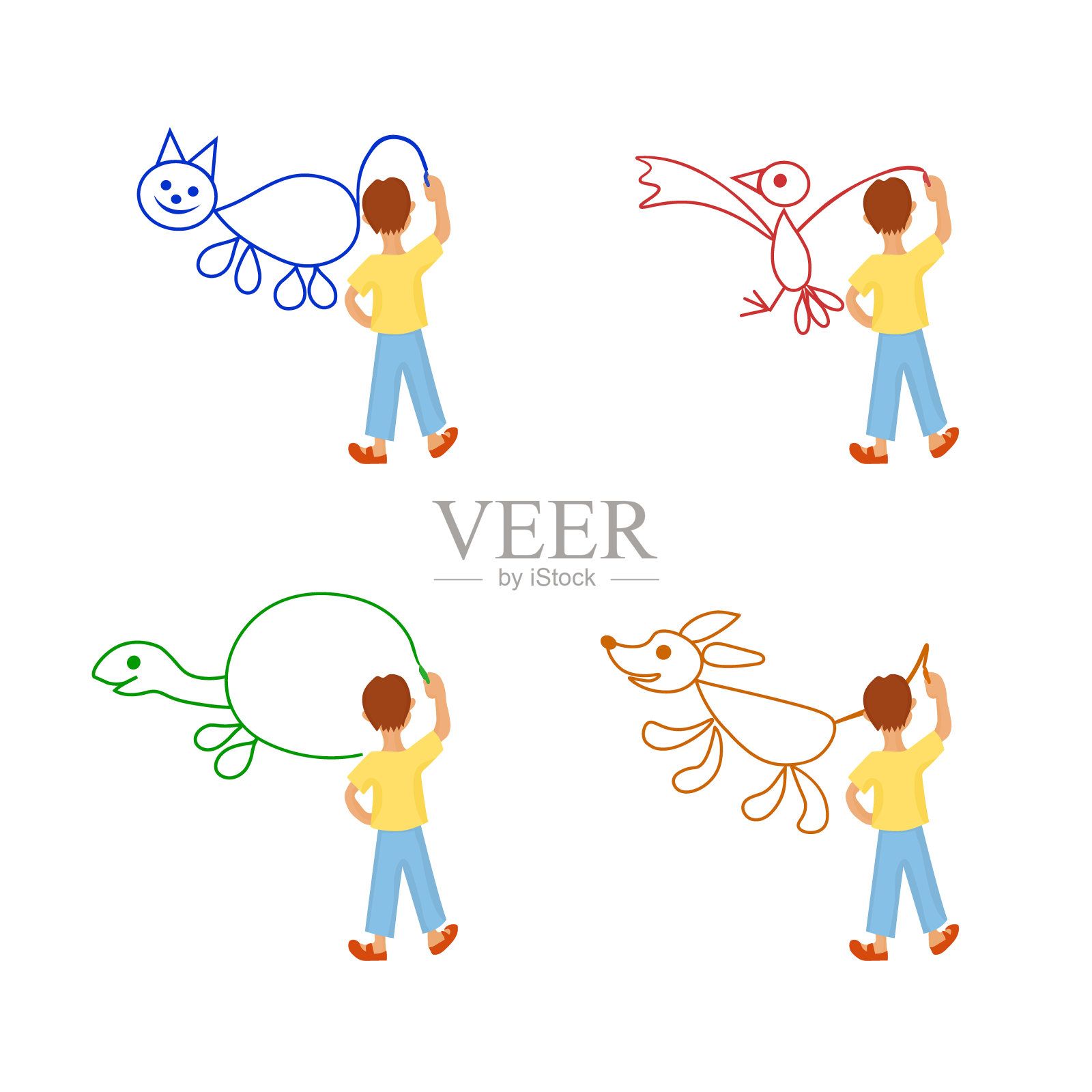 小男孩用粉笔在白墙上涂鸦猫、鸟、乌龟、狗。一组矢量彩色插图。插画图片素材