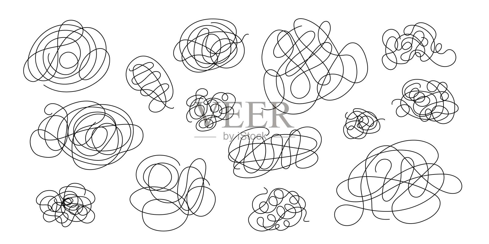 纠结的线条设置简单的涂鸦轮廓手绘矢量插图，抽象的薄动漫涂鸦元素，概念精神错乱，混乱，线性图标插画图片素材