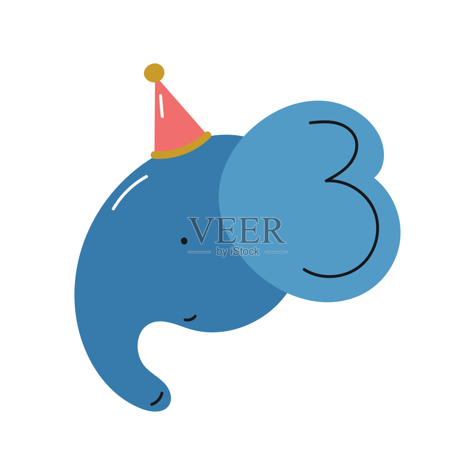 戴着派对帽的可爱大象。平面卡通矢量插图隔离在白色背景上。用于生日，聚会，卡片，印刷。插画图片素材