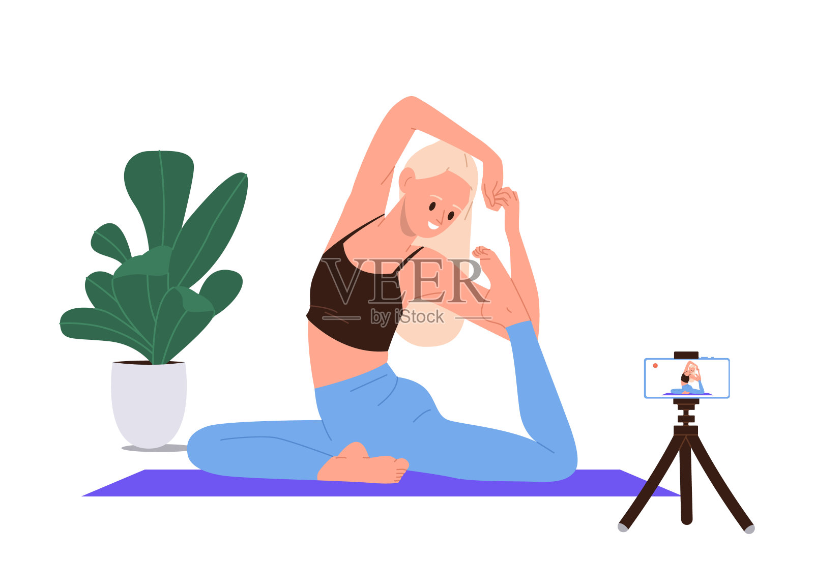 年轻女性瑜伽教练或普拉提教练卡通人物提供家庭在线培训插画图片素材