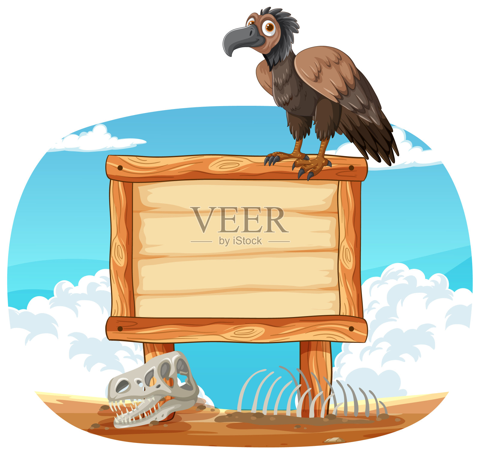 秃鹫栖息在沙漠背景的标牌上。插画图片素材