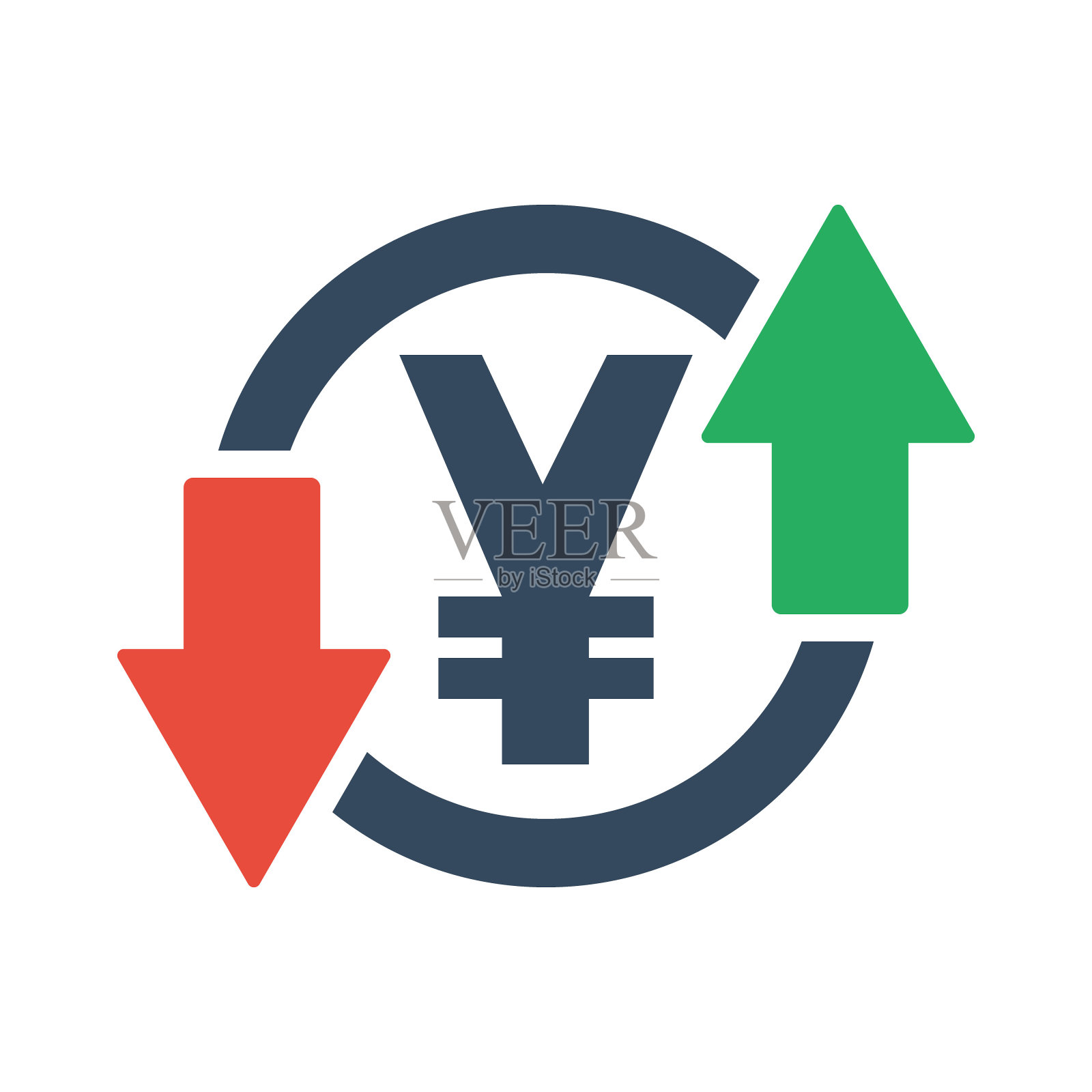 日元符号绿色向上箭头，人民币符号红色向下箭头，货币兑换象形图插画图片素材