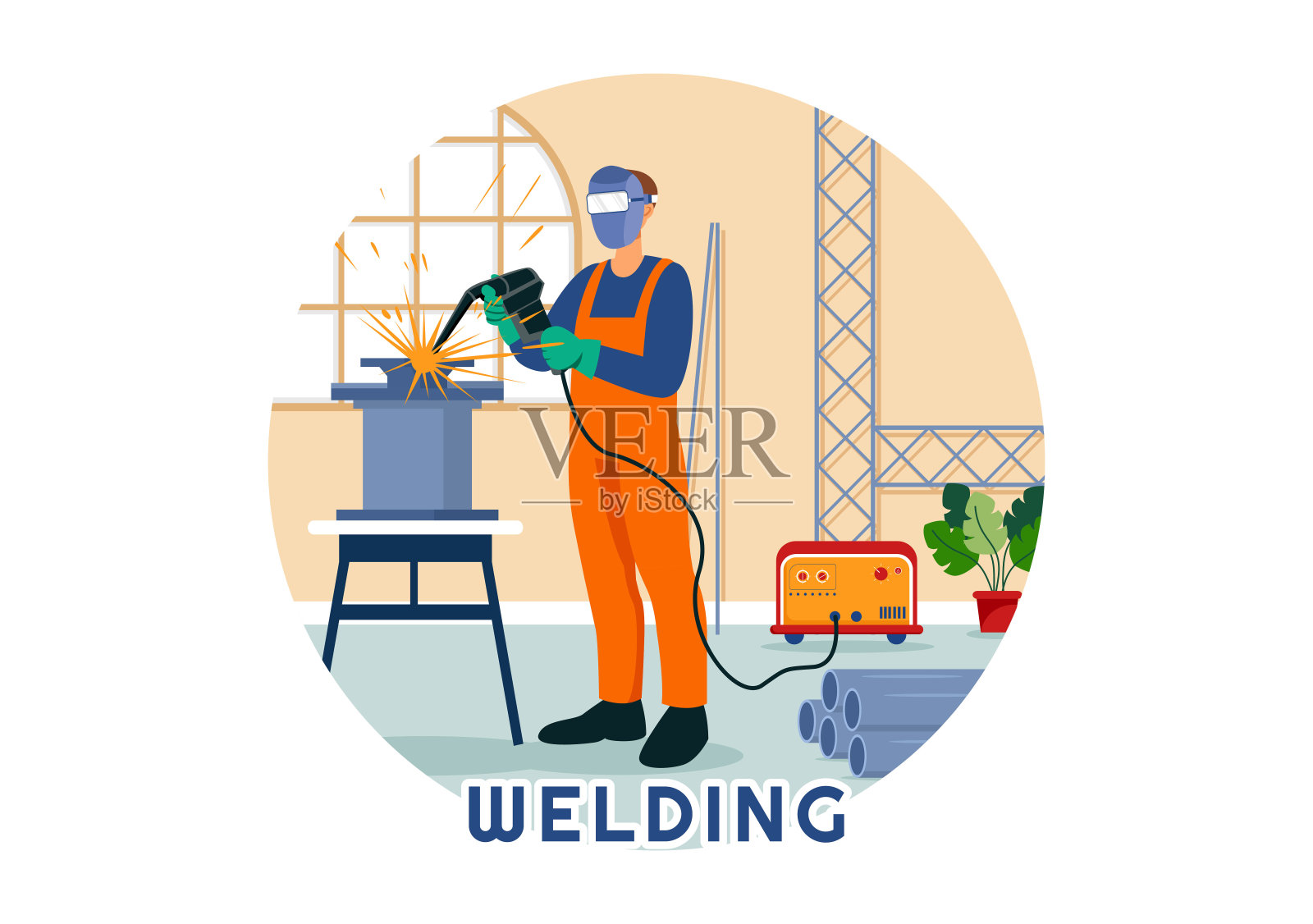 焊接服务矢量插图与专业焊工工作焊接金属结构，管道和钢结构在平面卡通背景插画图片素材