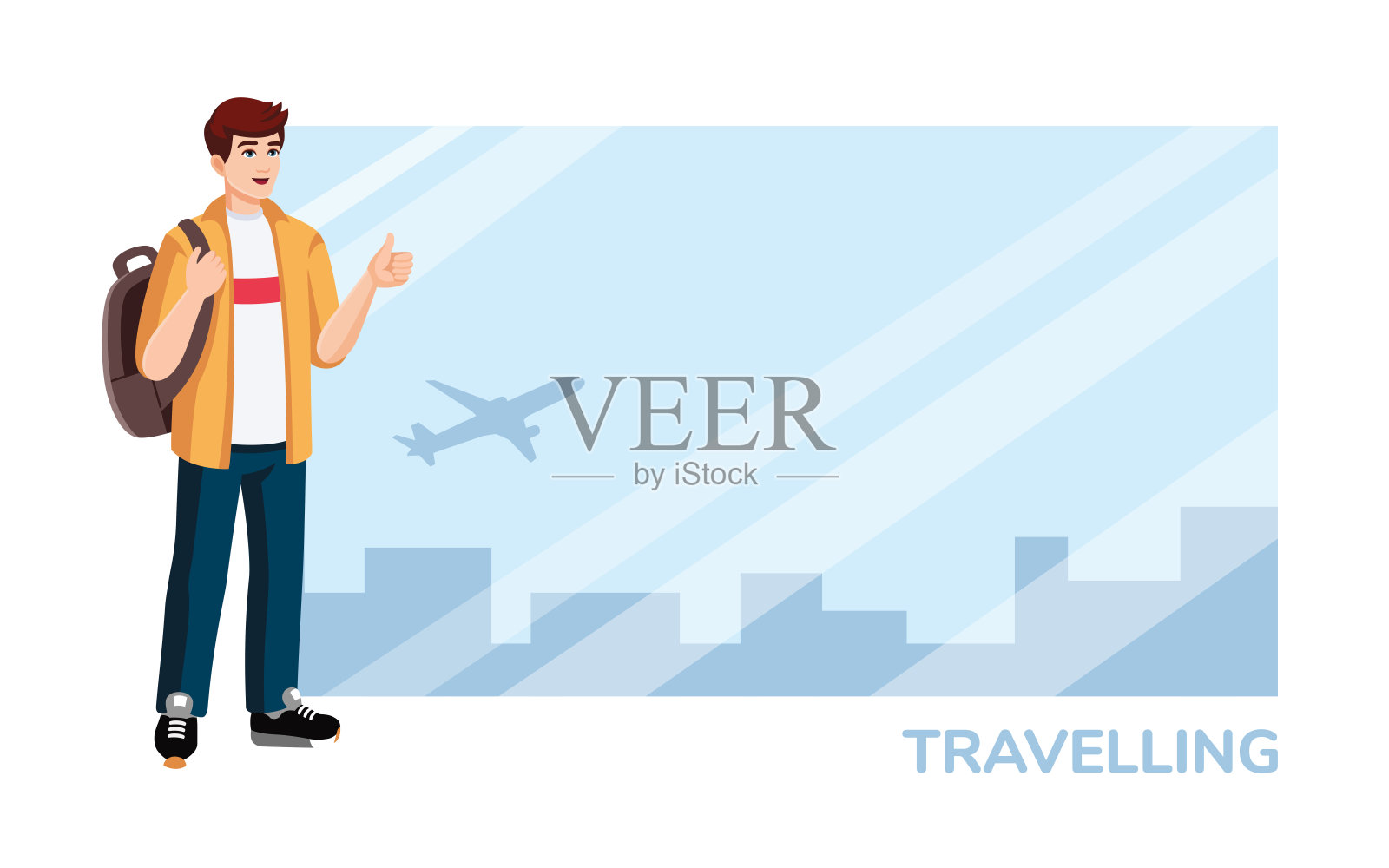 背着背包的年轻人在机场竖起大拇指。旅行的概念。矢量插图。本空间插画图片素材