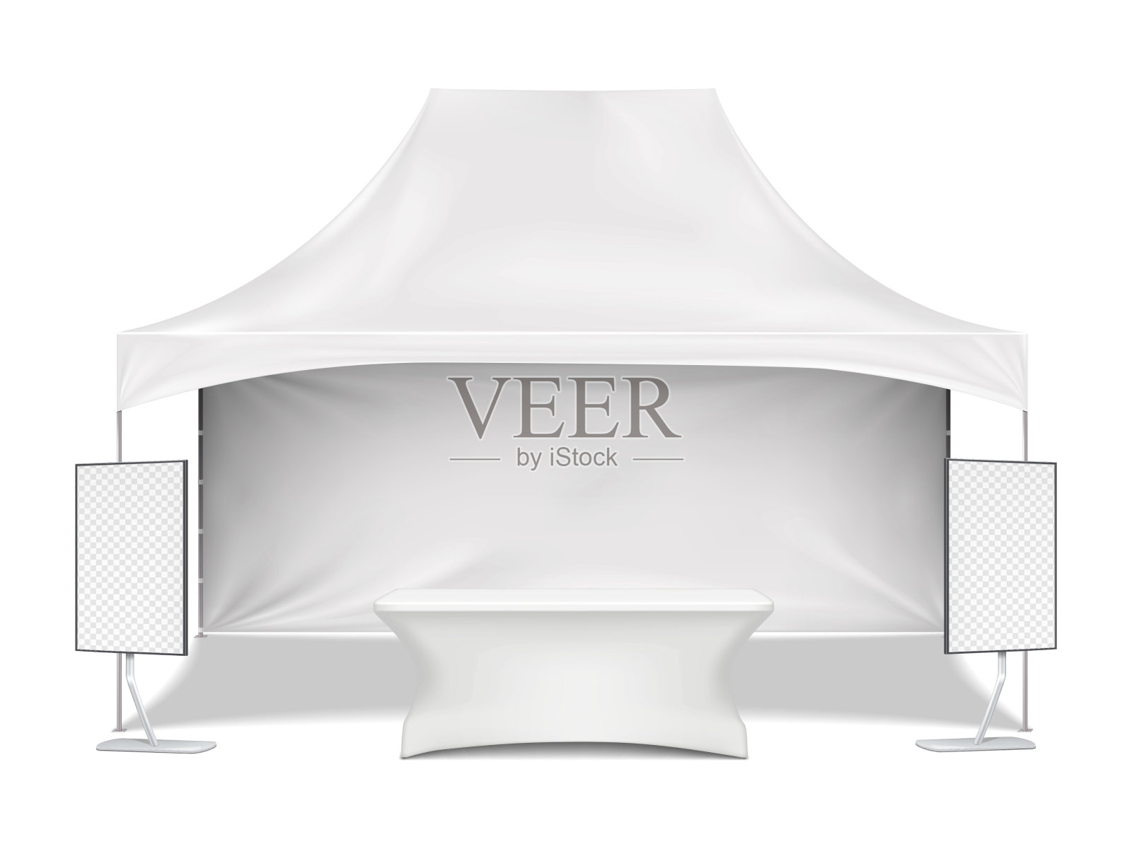 展览集模板。空白凉亭天篷帐篷，视频电视液晶显示架，促销伸缩盖桌。矢量模型。贸易展览摊位模型套件插画图片素材