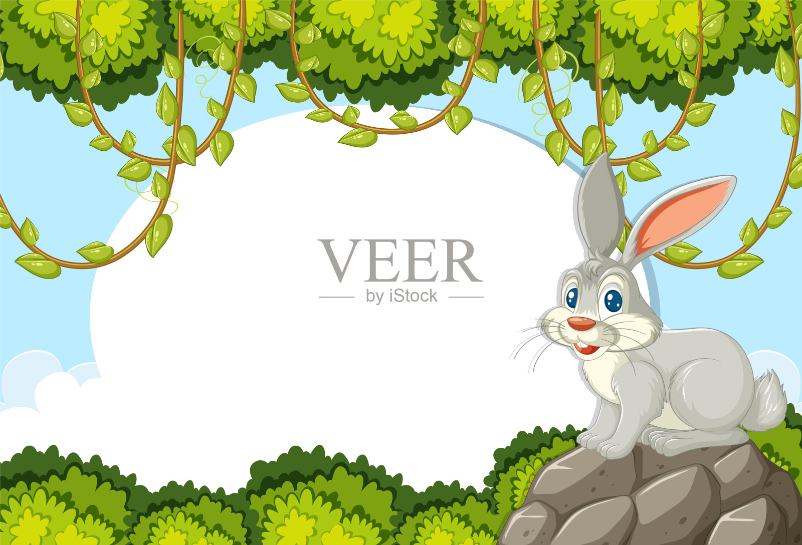 一只快乐的兔子坐在树下的岩石上。插画图片素材