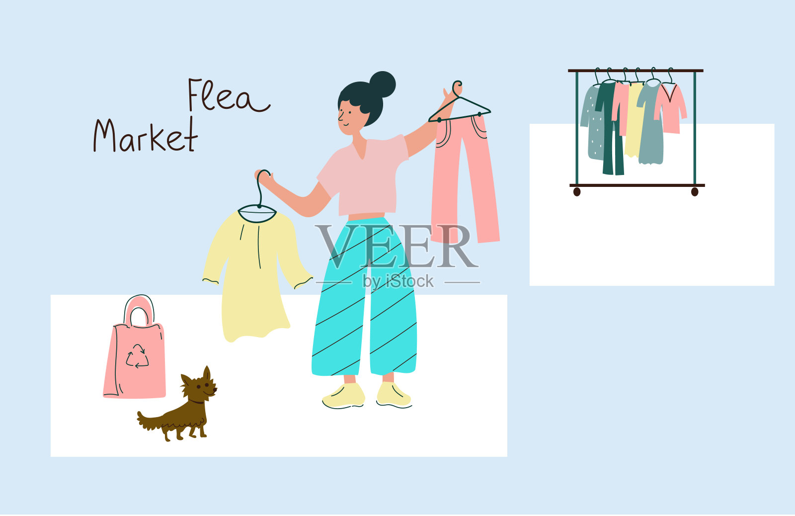 一位年轻女子在跳蚤市场或二手商店买衣服。一个女孩正在大减价时买东西。可持续时尚的概念。插画图片素材