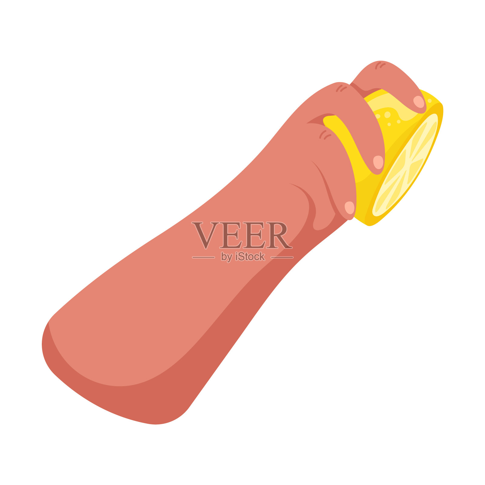 用手挤柠檬汁。成熟多汁的水果插图。明亮的卡通矢量平面剪贴画插画图片素材