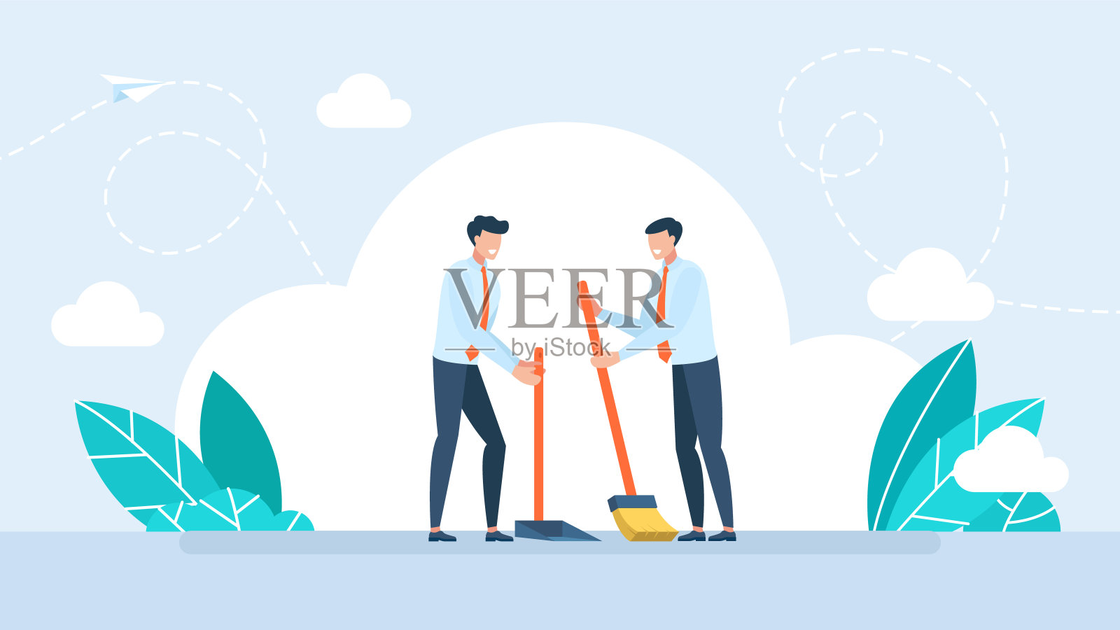 两个门卫拿着扫帚和铲子打扫和收集垃圾。用扫帚扫地，拿簸箕，专业清洁。街道清洁服务。矢量图插画图片素材