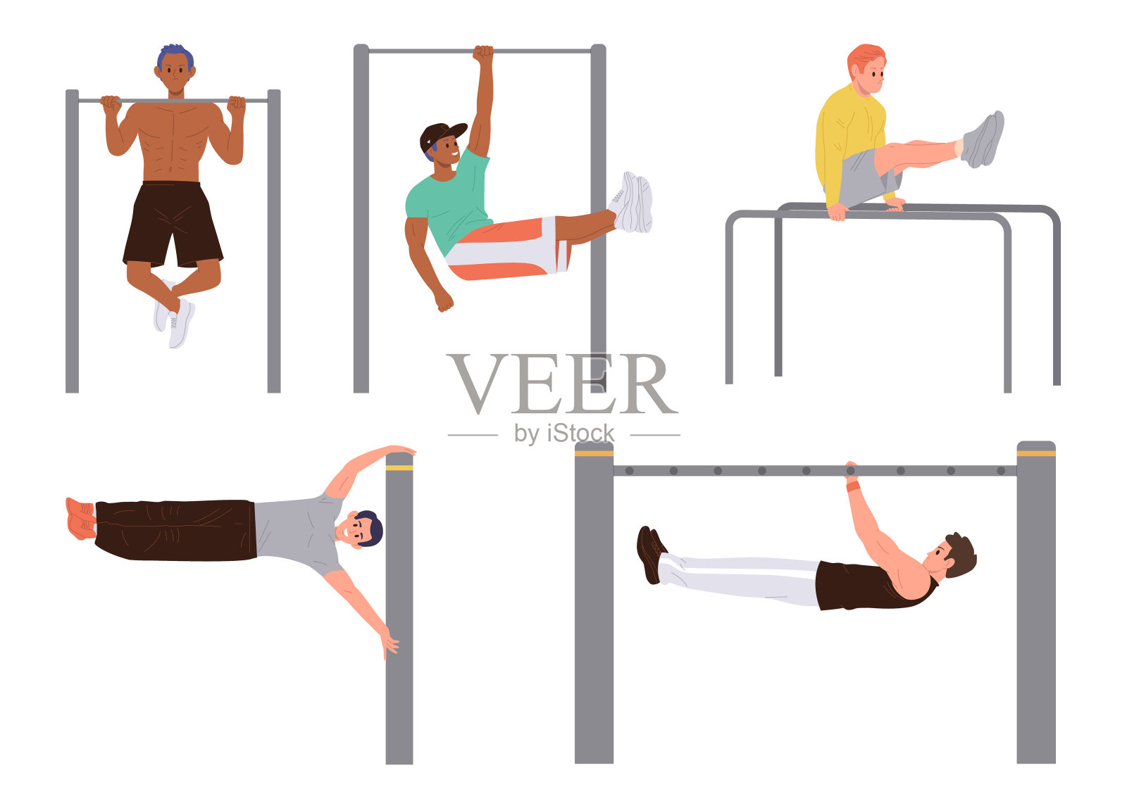 男运动员卡通人物在做不同的健美操身体健身技巧和杠上的特技插画图片素材