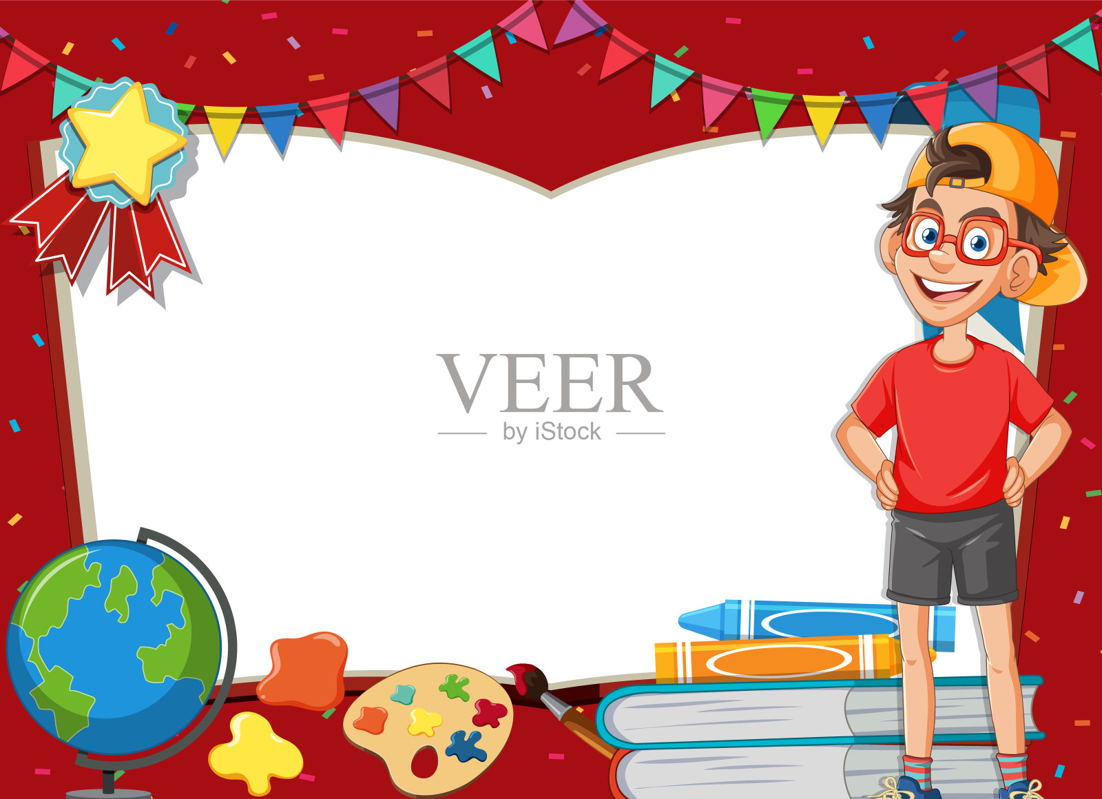 快乐的小男孩被教育物品包围。插画图片素材