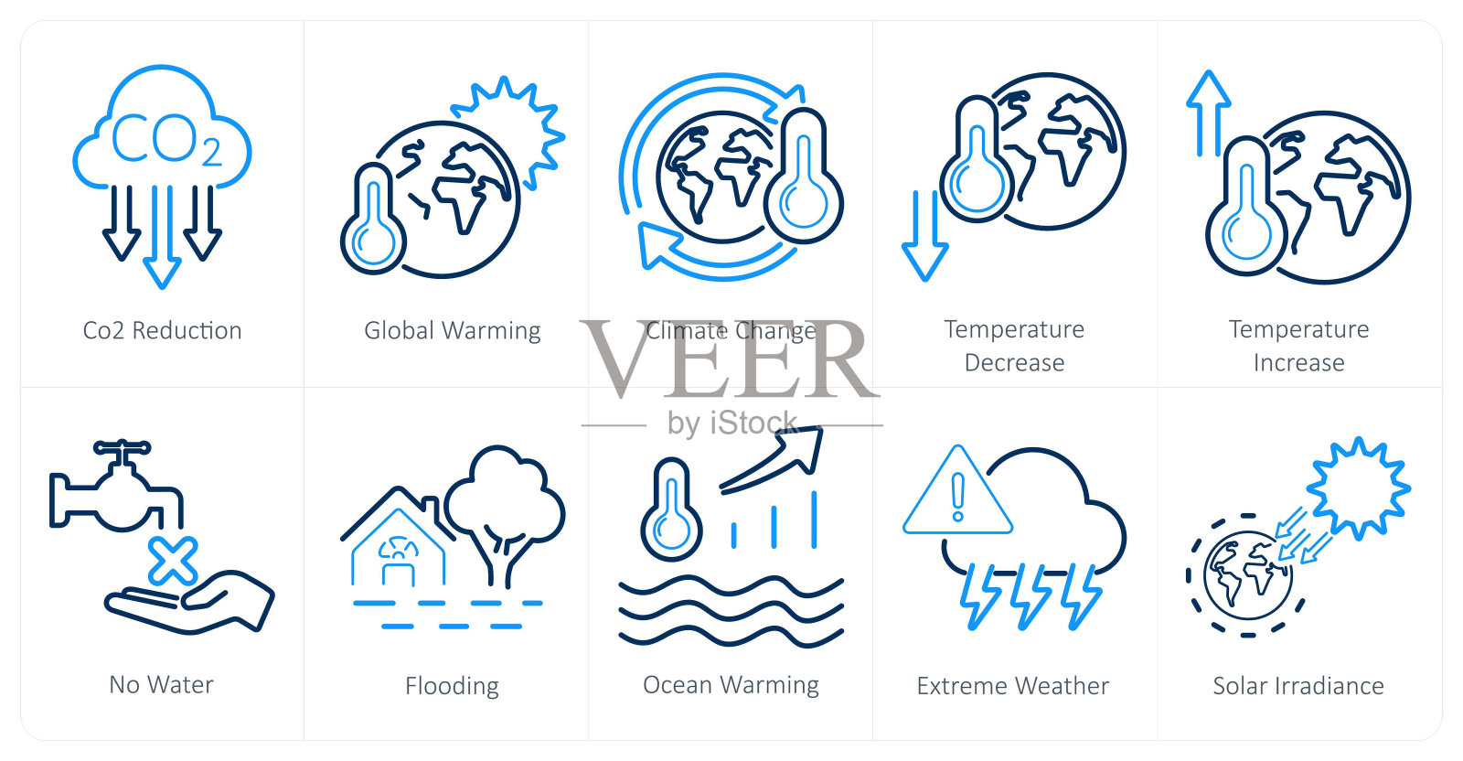 10个气候变化图标，关于减少二氧化碳、全球变暖、气候变化插画图片素材