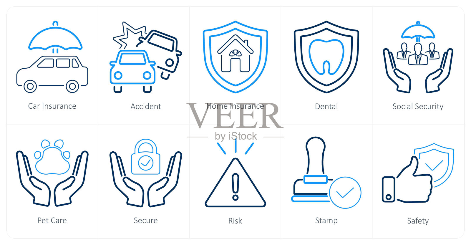 一套10个保险图标作为汽车保险，意外事故，家庭保险插画图片素材