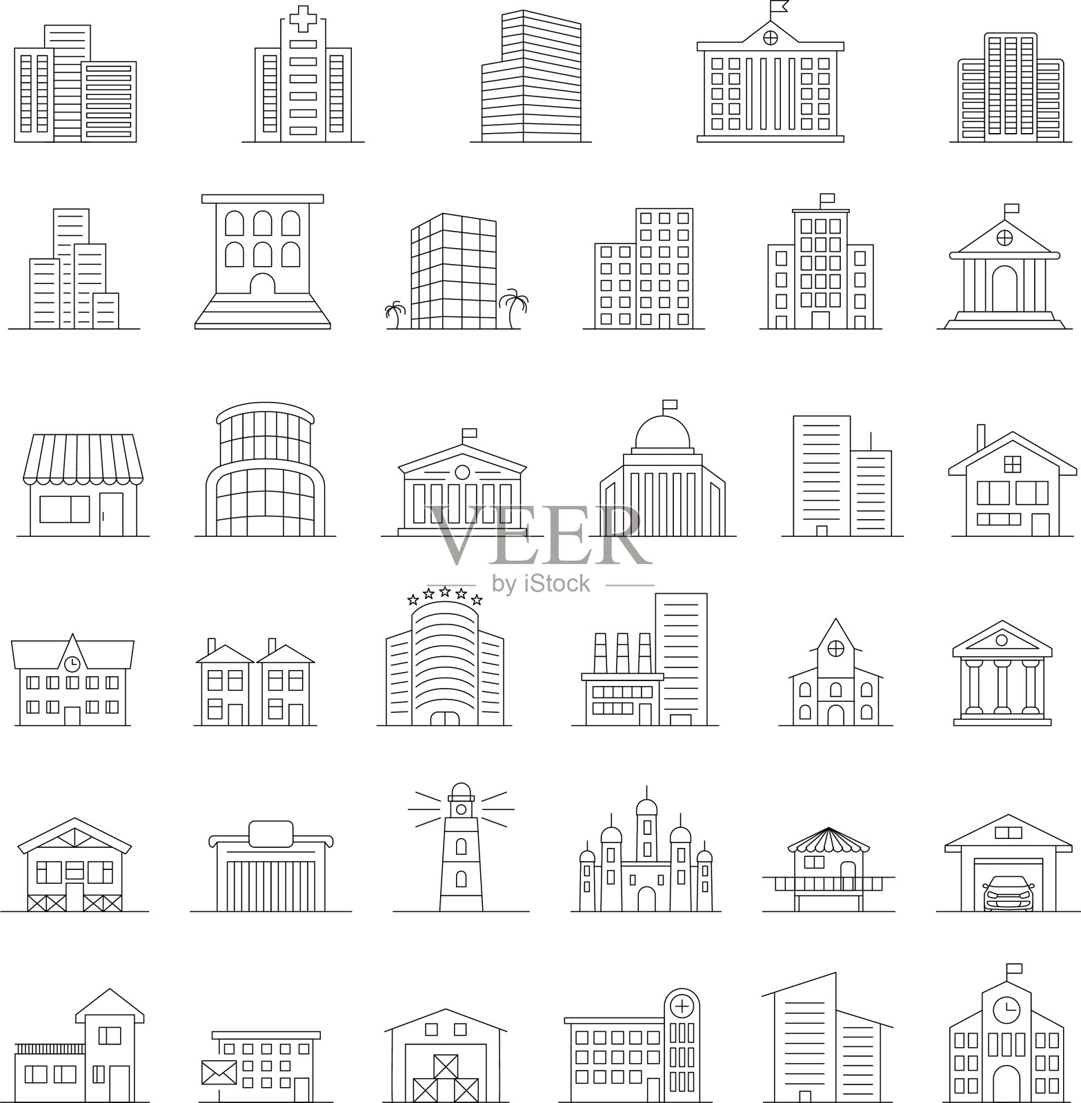 建立细线矢量图标集。城市建筑。仓库，工业建筑。线建筑楼房、公寓。孤立的矢量图标集插画图片素材