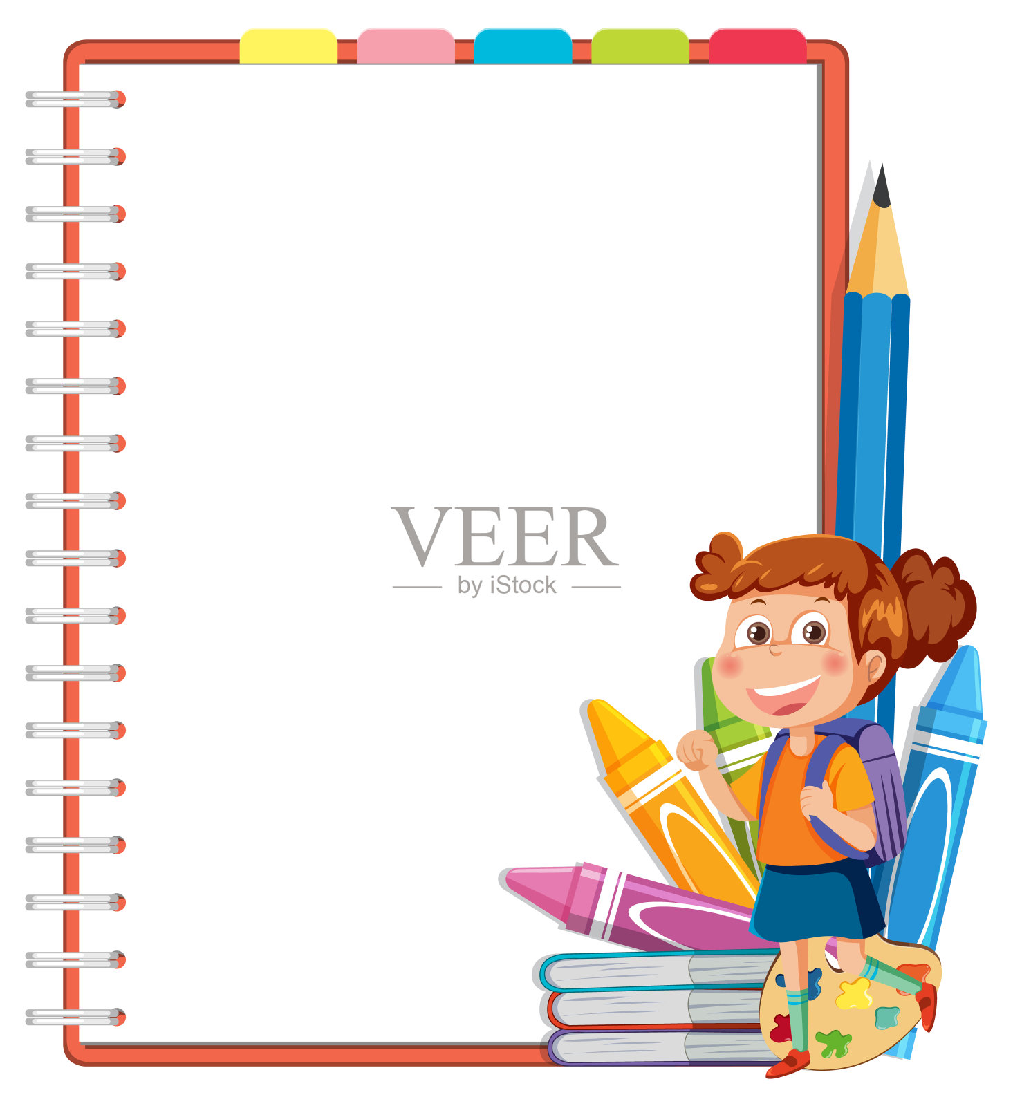 坐在书本和学习工具旁的卡通女孩。插画图片素材