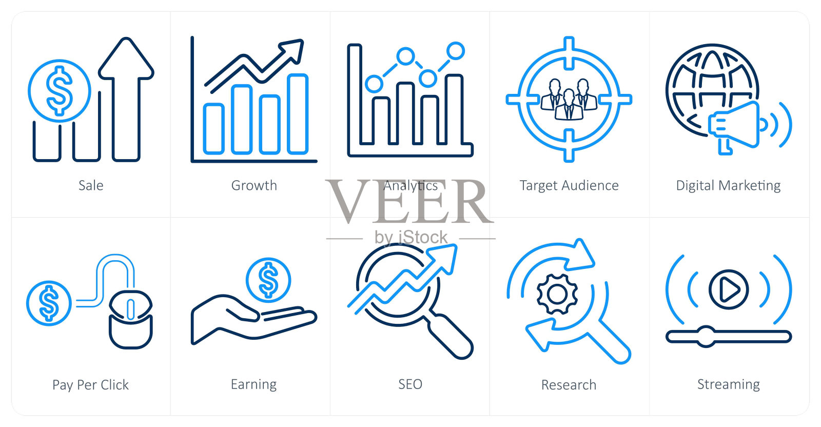 一套10个数字营销图标，如销售，增长，分析插画图片素材