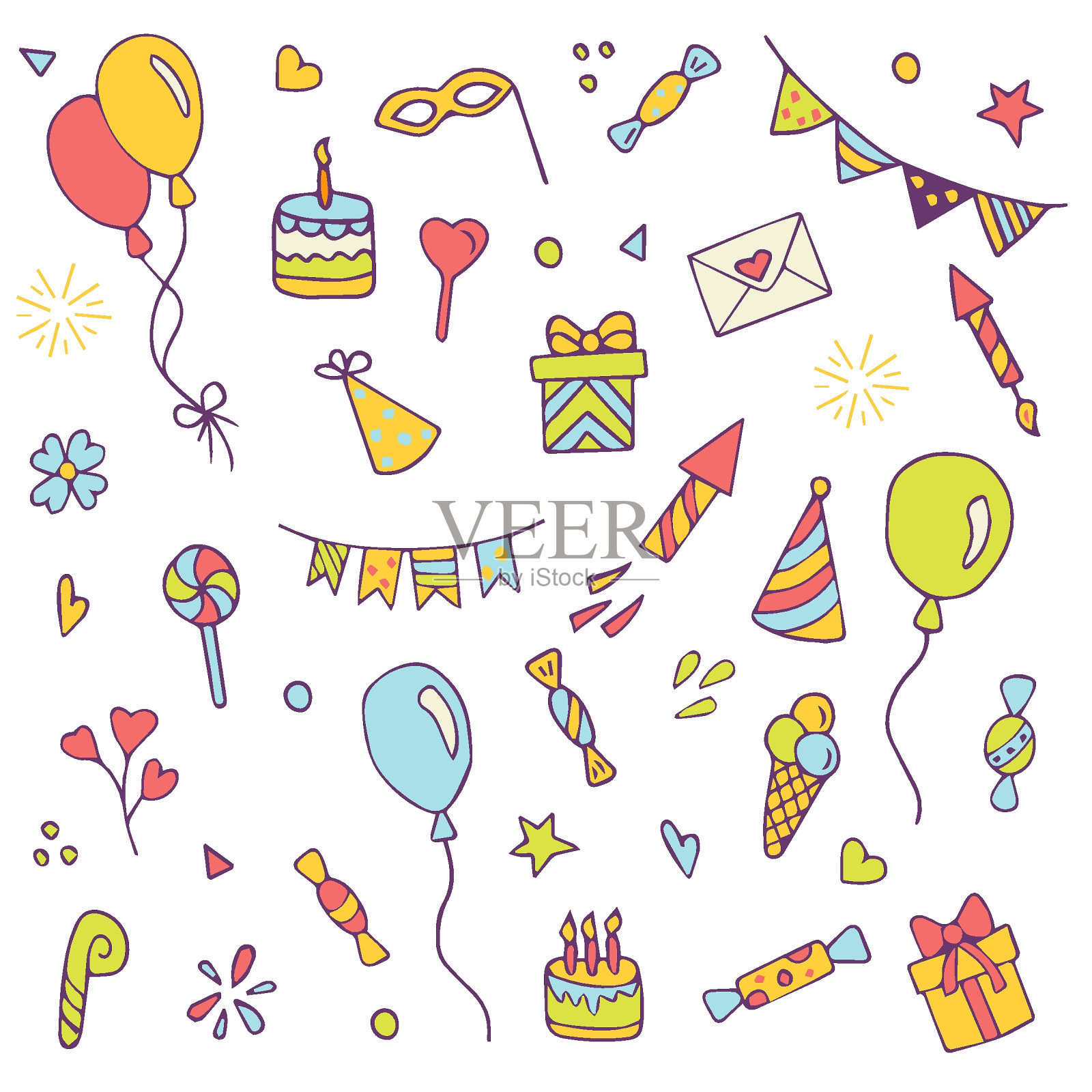 手绘生日派对套装插画图片素材
