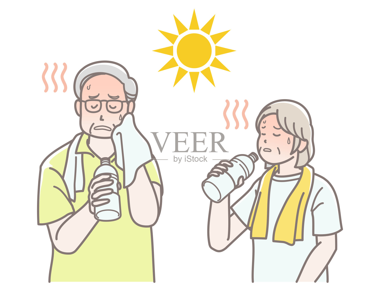 一对老年夫妇在中暑时补水的插图插画图片素材