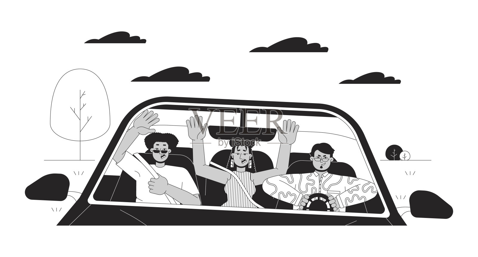 朋友被吓得咄咄逼人的驾驶黑白卡通平面插画插画图片素材