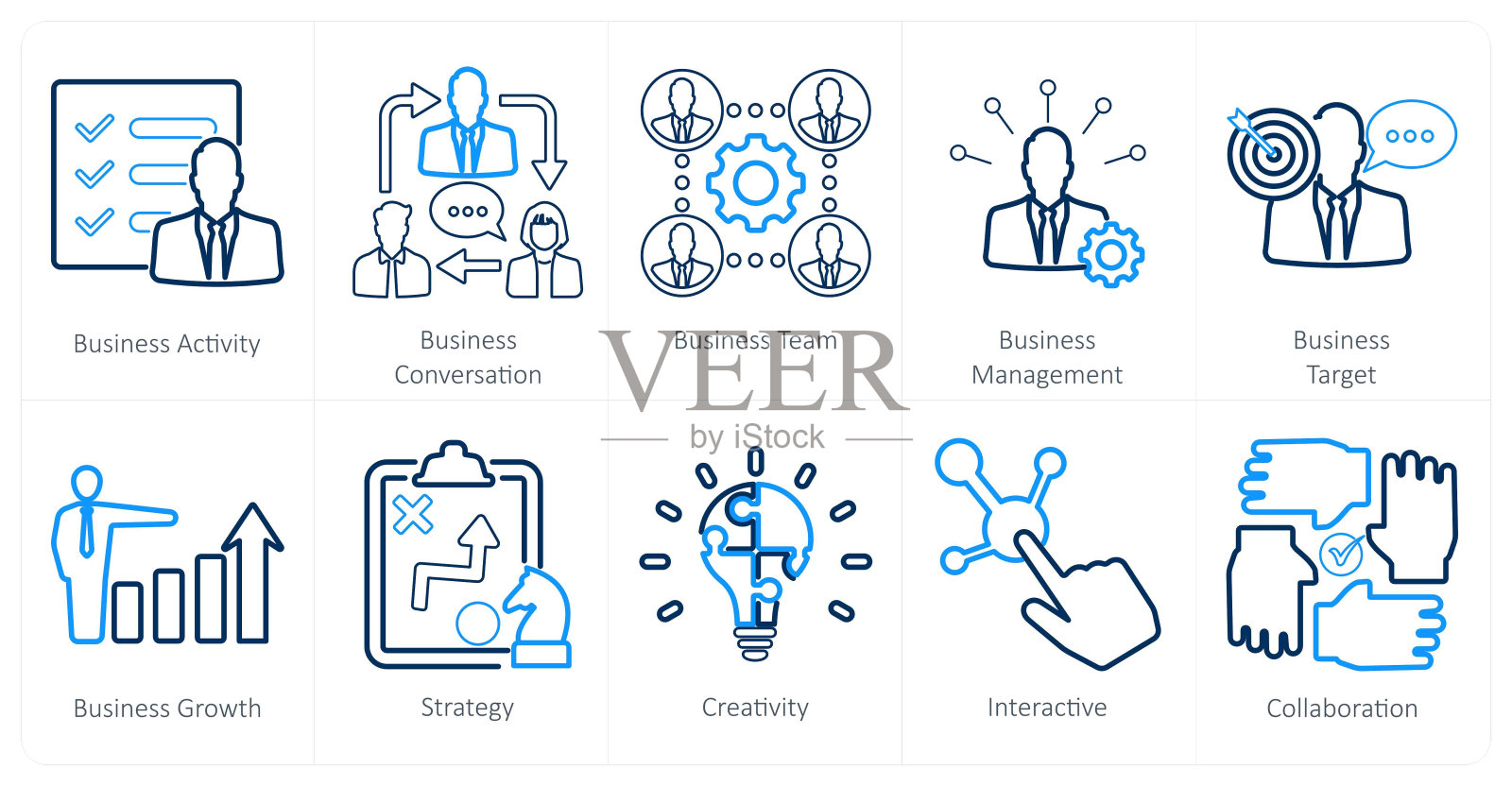 一组10个混合图标作为业务活动，业务对话，业务团队插画图片素材