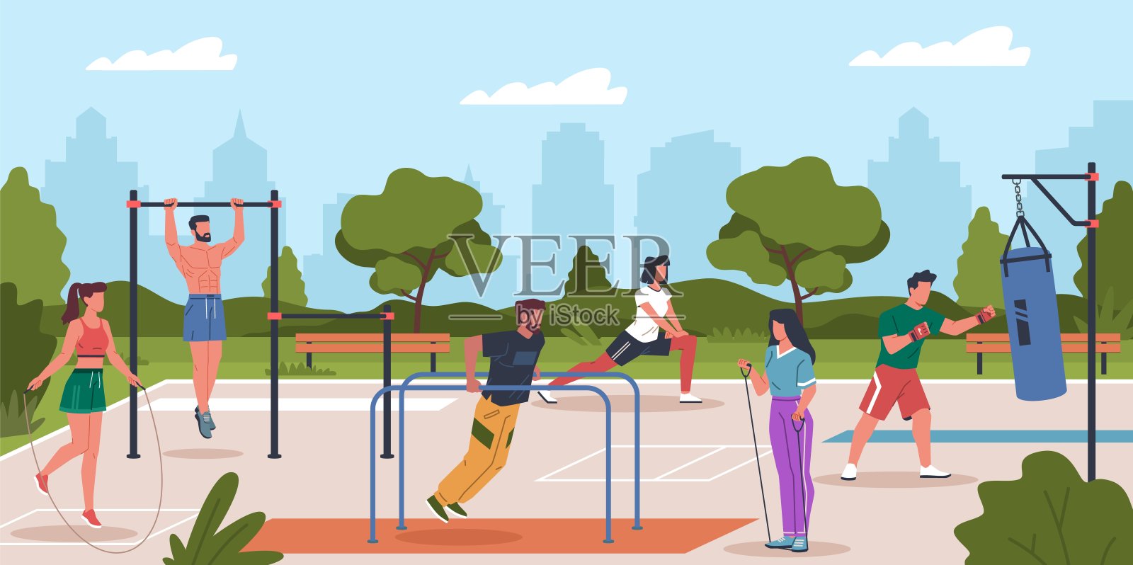 人们在街头锻炼。运动员从事户外运动场健身，公园转门和运动器材，夏季健康生活方式，卡通平面风格，当今矢量概念插画图片素材