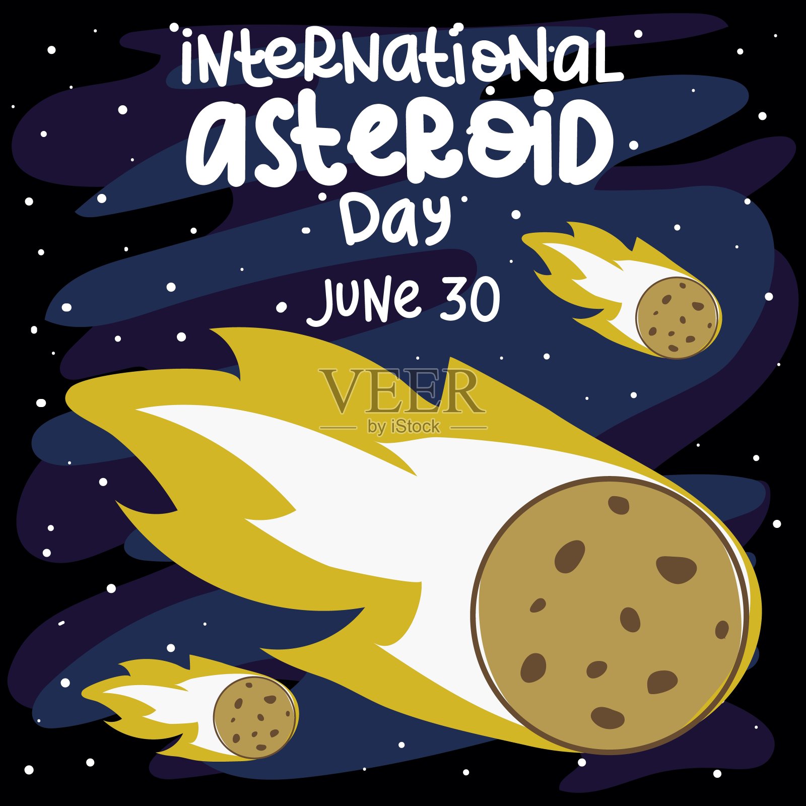 国际小行星日矢量图。小行星在太空中疾驰，背景是蓝色的星星，作为横幅，节日的传单。6月30日。广场插画图片素材