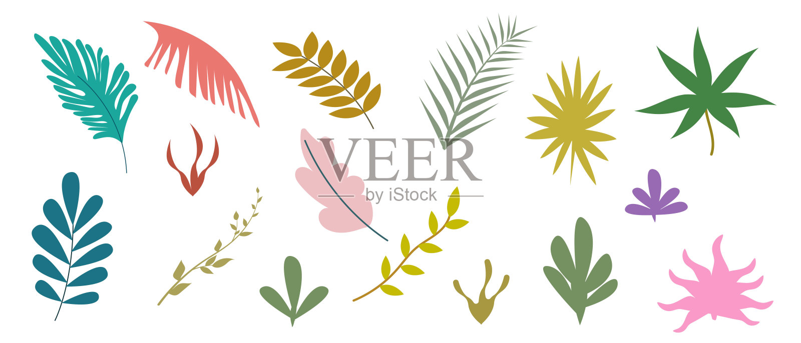 一套手绘的彩色抽象热带树叶和形状。春夏设计元素。矢量时尚平面线性插图。插画图片素材