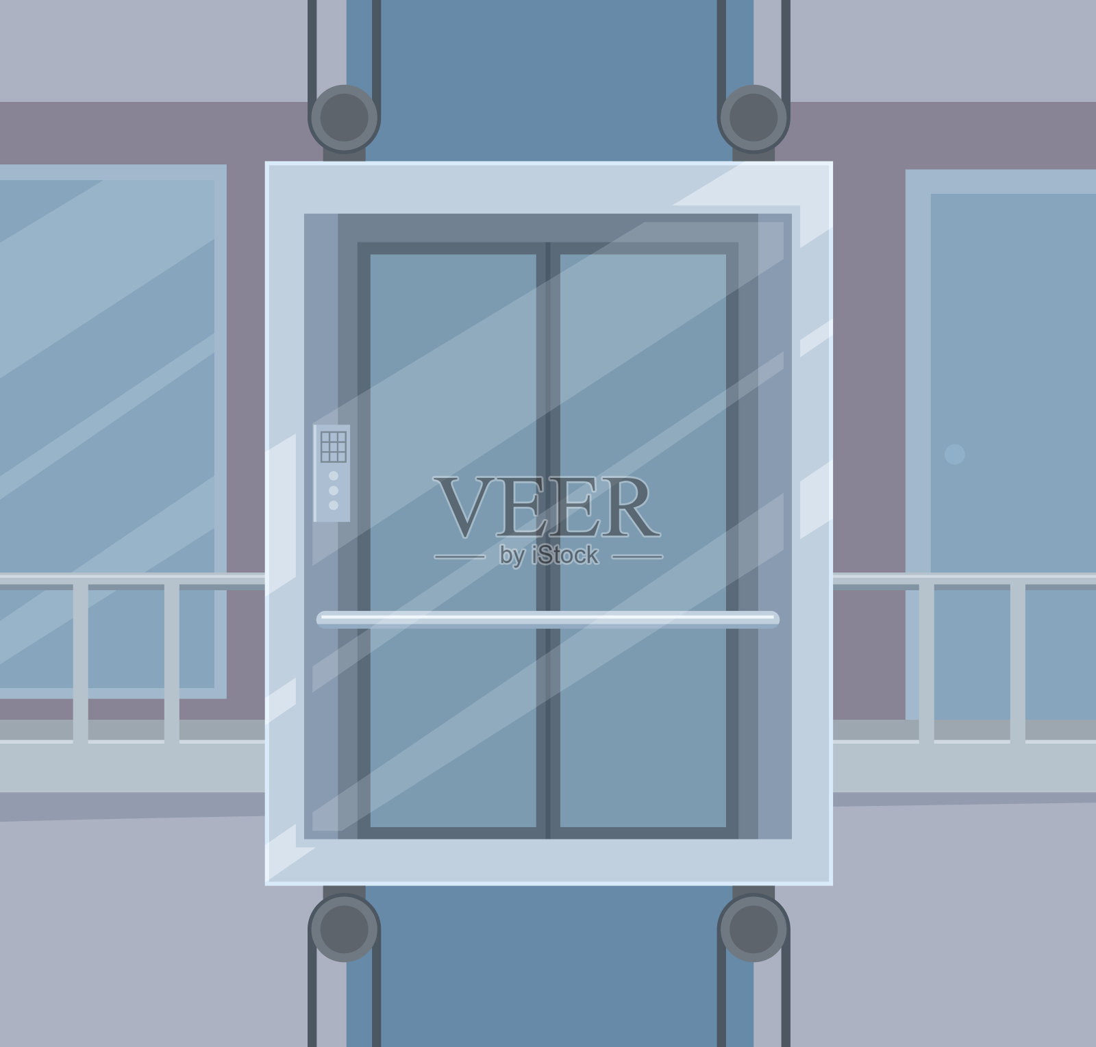 商务中心空电梯，透明玻璃墙插画图片素材