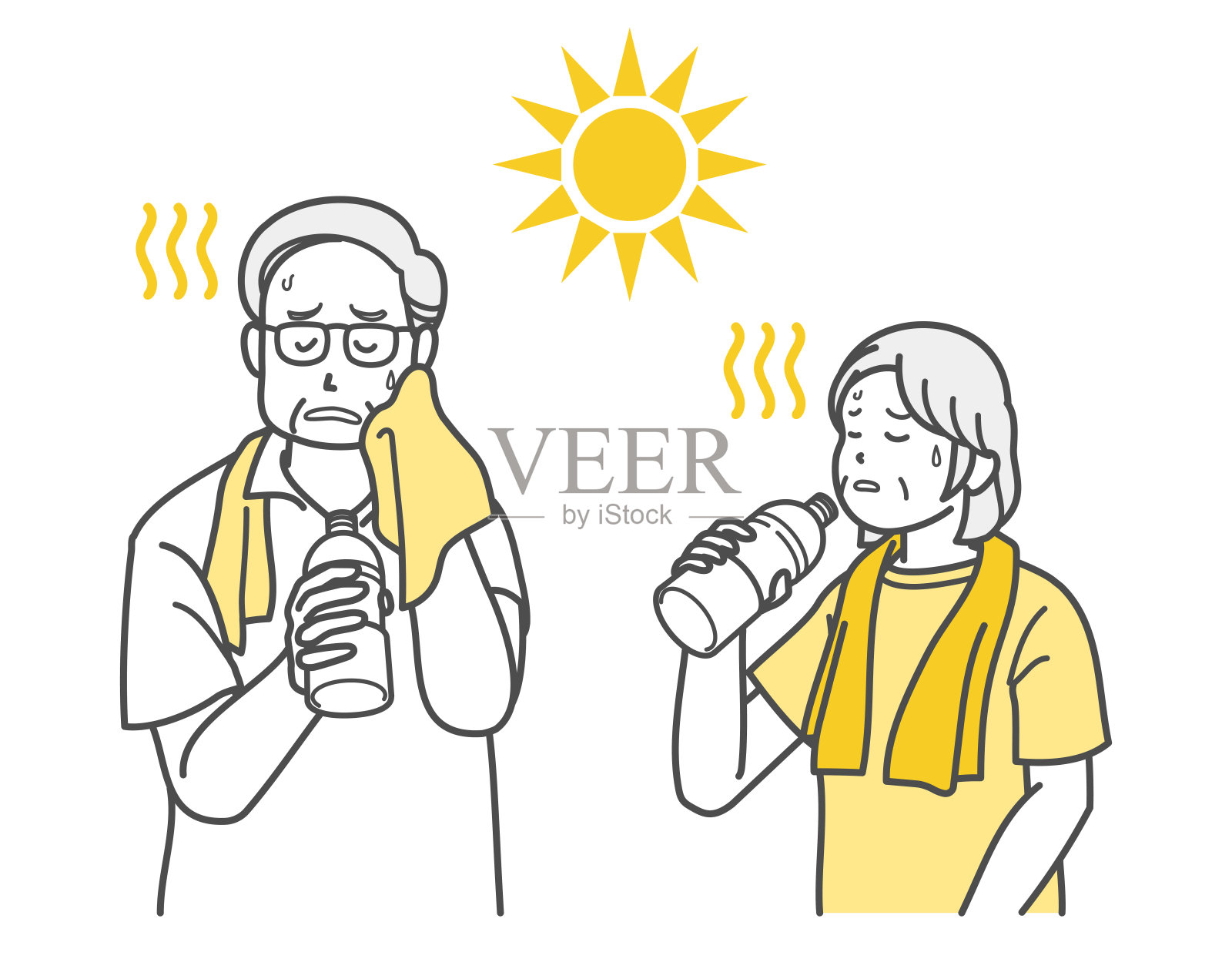 一对老年夫妇在中暑时补水的插图插画图片素材