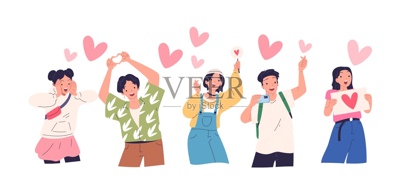 韩国的粉丝。韩国流行音乐文化，韩国流行偶像狂热人物与标牌和加油棒在韩国音乐明星的音乐会事件，卡通经典矢量插图插画图片素材