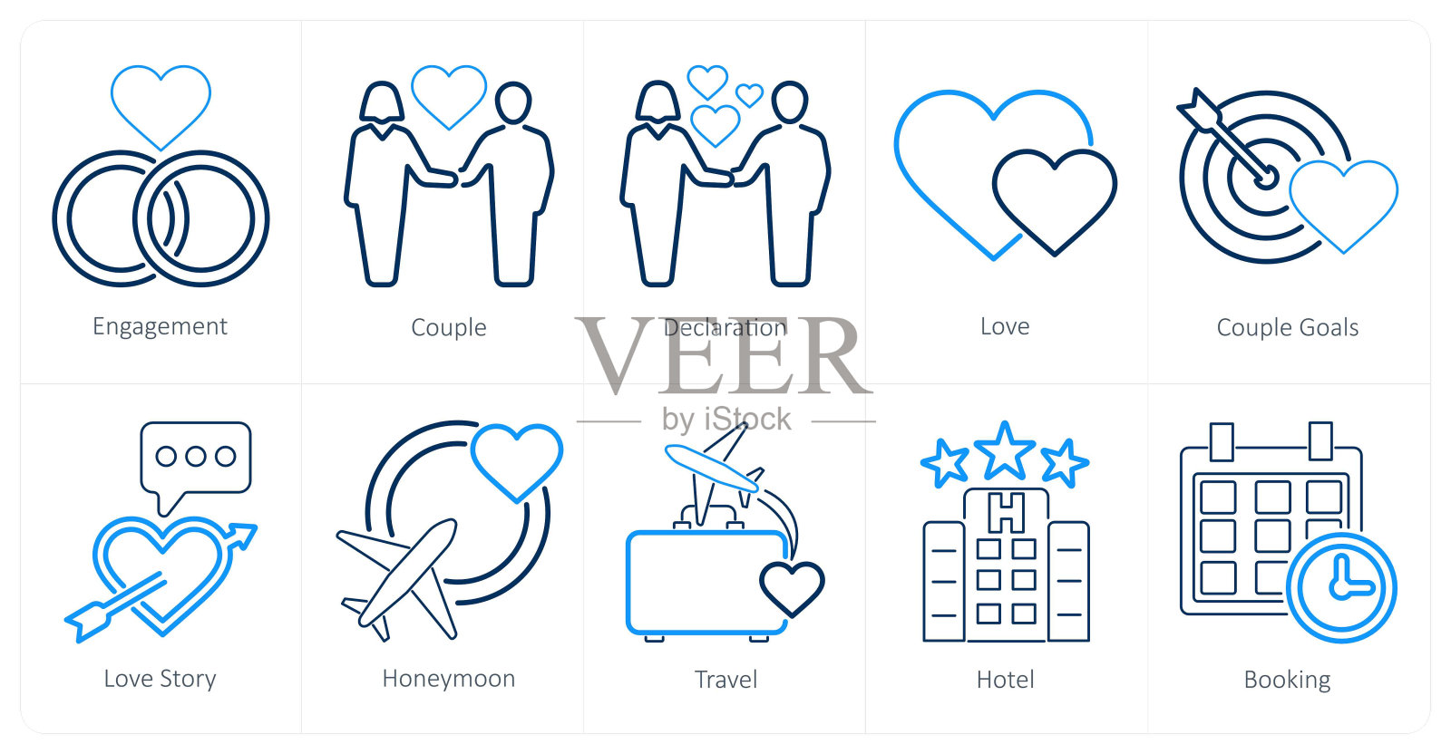 一套10个蜜月标志，如订婚、情侣、宣言插画图片素材