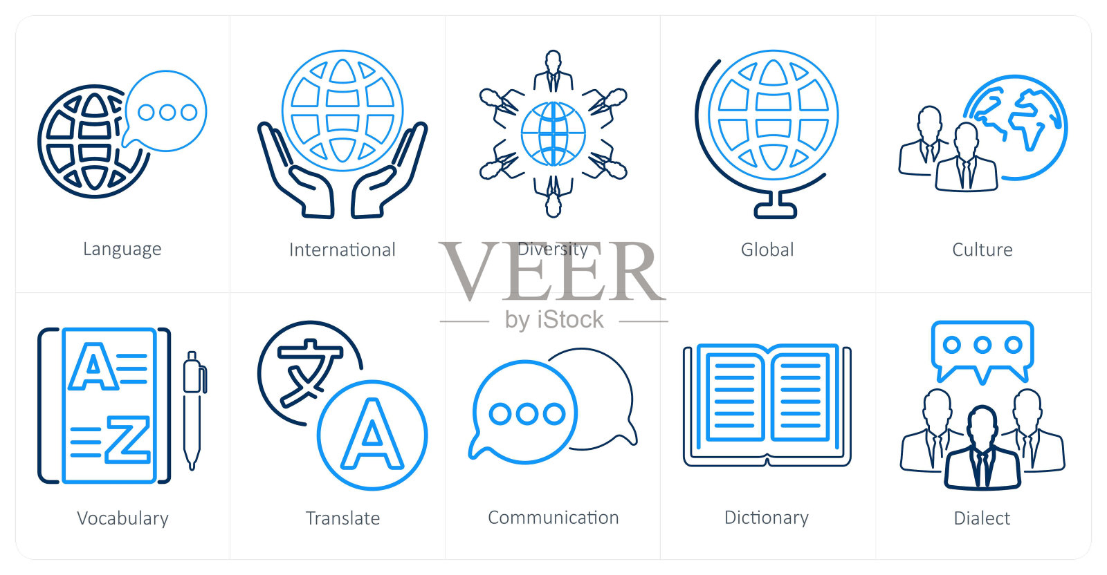 一套10个语言图标作为语言、国际化、多样性插画图片素材